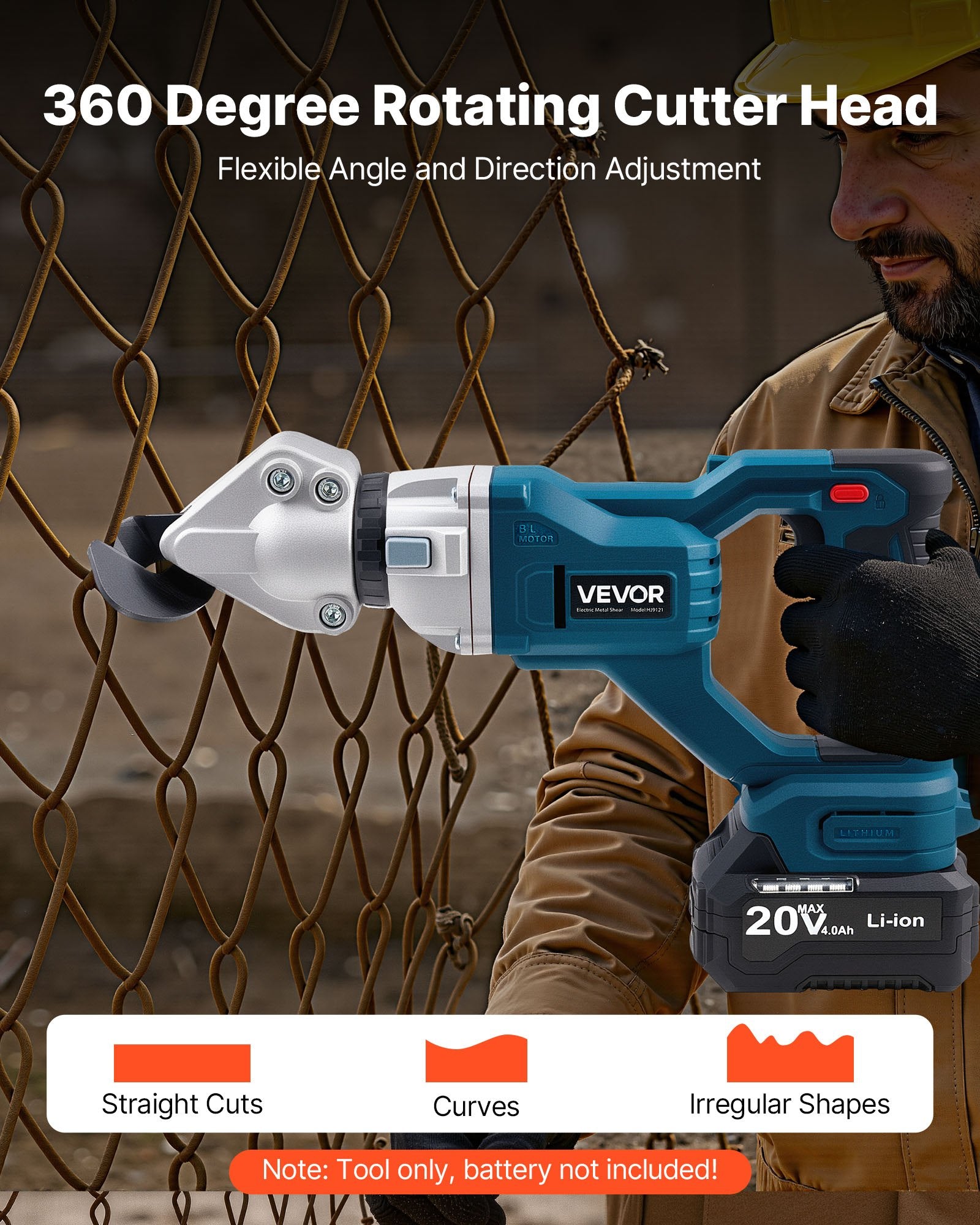 Metal Shear, Sheet Metal Cutter Cordless with 360-Degree Pivoting Head, Double Blades, 25000 RPM Speed, Cuts 18 GA Galvanized Steel, 20 GA Stainless Steel, Aluminum Plate, Plastic, Cardboard
