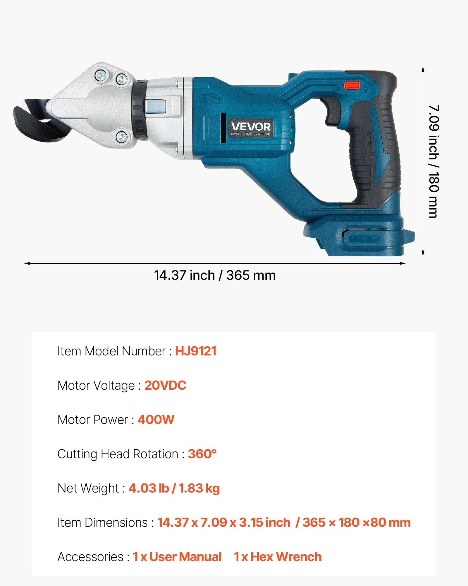 Metal Shear, Sheet Metal Cutter Cordless with 360-Degree Pivoting Head, Double Blades, 25000 RPM Speed, Cuts 18 GA Galvanized Steel, 20 GA Stainless Steel, Aluminum Plate, Plastic, Cardboard