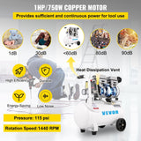 Air Compressors: VEVOR Air Compressor 6.6 Gallon, Portable Air Compressor 1 HP, Oil Free Air Compressor Steel Tank 750W,  Pancake Air Compressor 115 PSI, Ultra Quiet Compressor for Home Repair, Tire Inflation