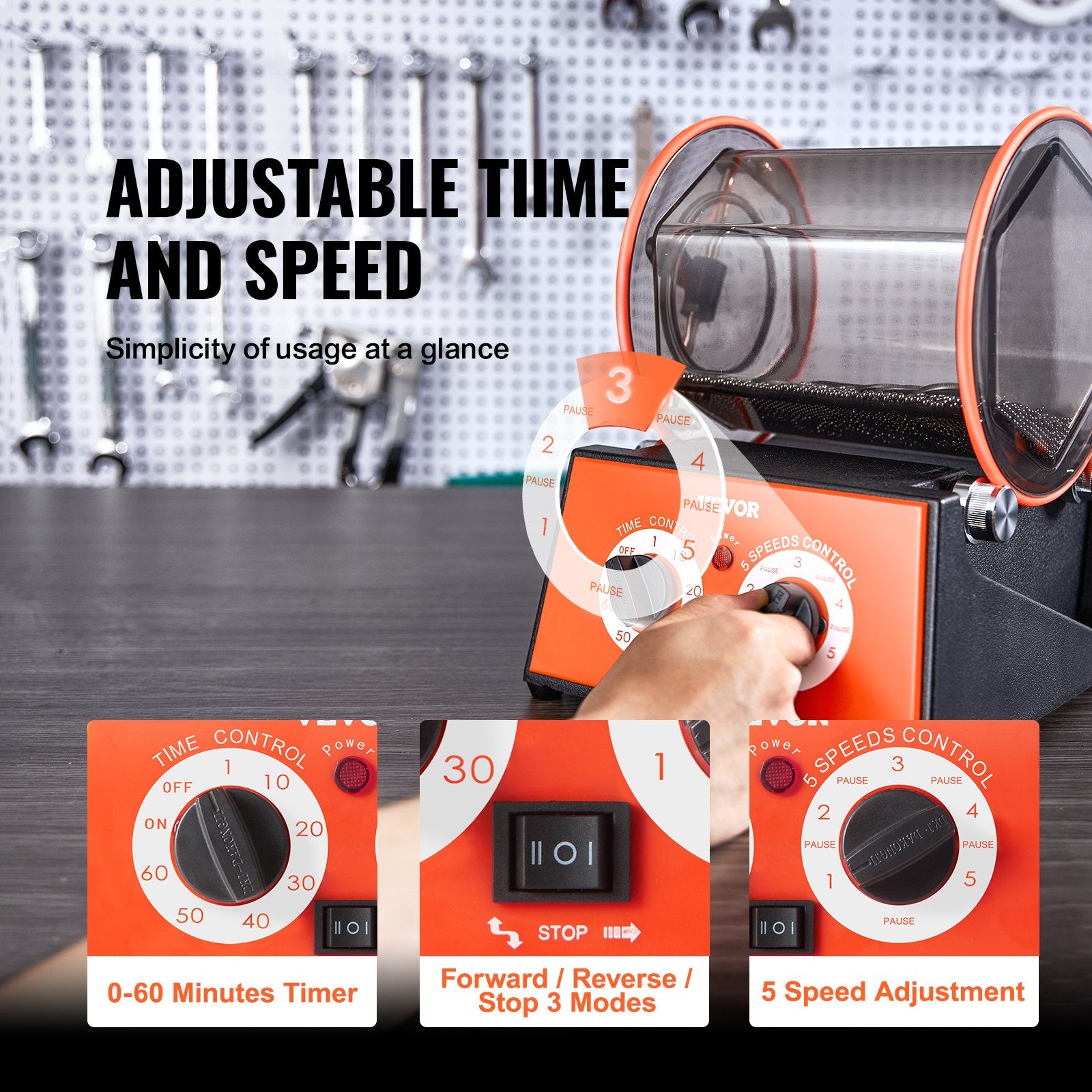 Gardening Tools: VEVOR Jewelry Polisher Tumbler, 11lbs/5kg Capacity Mini Rotary Tumbler Machine with 0-60 Minutes Timer, 5 Speeds Jewelry Rotary Finisher for Surface Polishing Grinding Buffing Gemstones Jewels Coins