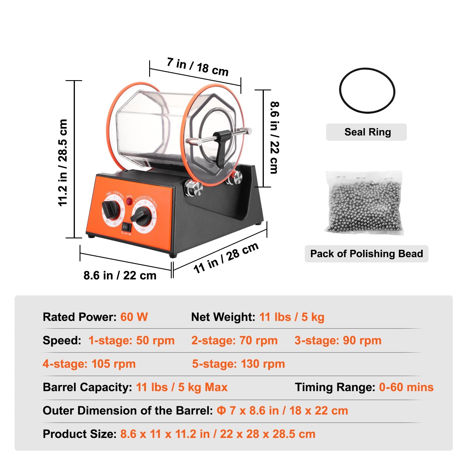 Gardening Tools: VEVOR Jewelry Polisher Tumbler, 11lbs/5kg Capacity Mini Rotary Tumbler Machine with 0-60 Minutes Timer, 5 Speeds Jewelry Rotary Finisher for Surface Polishing Grinding Buffing Gemstones Jewels Coins