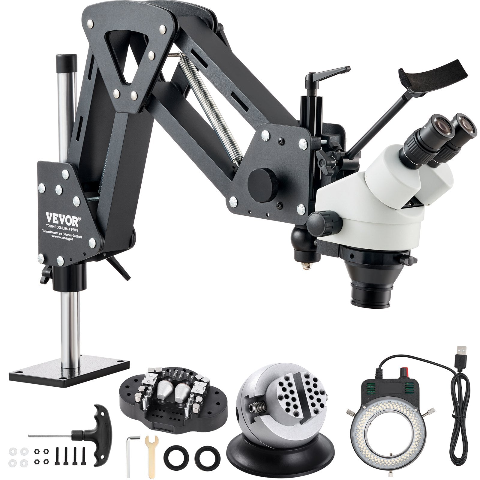 Camera Accessories: VEVOR Multi-Directional Microscope with Spring Bracket, 7X-45X Magnification Jewelry Microscope, Micro Jewelry Inlaid Stand with Integrated USB Ring LED Light and 360° Ball Vise, for Jewelry Inlay