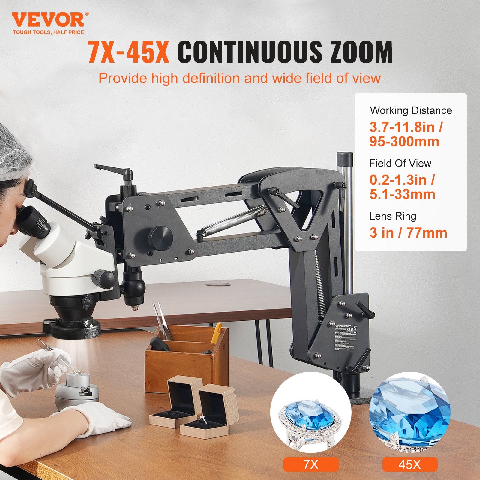 Camera Accessories: VEVOR Multi-Directional Microscope with Spring Bracket, 7X-45X Magnification Jewelry Microscope, Micro Jewelry Inlaid Stand with Integrated USB Ring LED Light and 360° Ball Vise, for Jewelry Inlay
