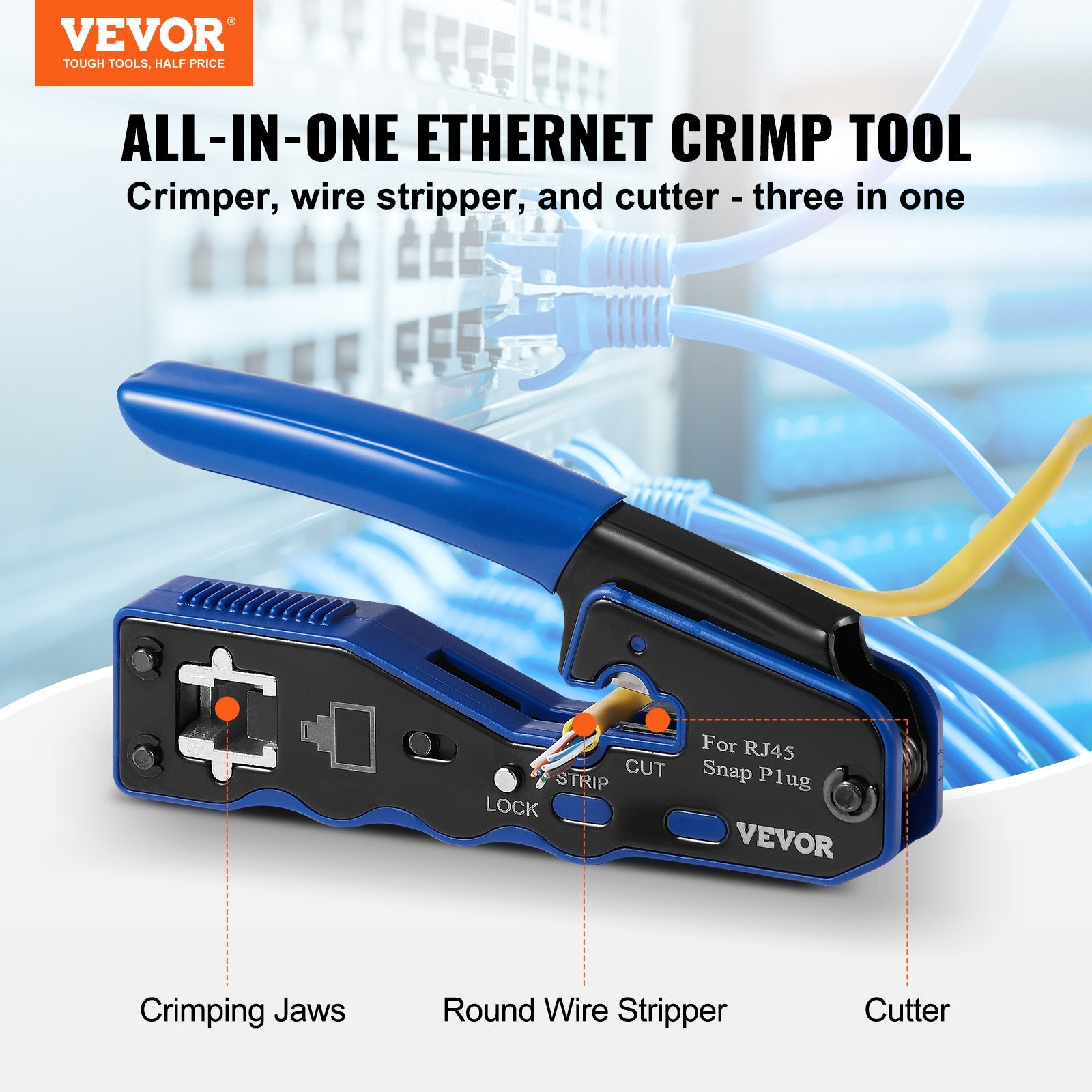 Power & Electrical Supplies: VEVOR RJ45 Crimp Tool Kit, Cat5e/Cat6/Cat6a Ethernet Crimper Crimp Pliers for 8-Pin Modular Plugs with 20pcs Pass-Through Connectors and Covers, Wire Stripper and Network Tester