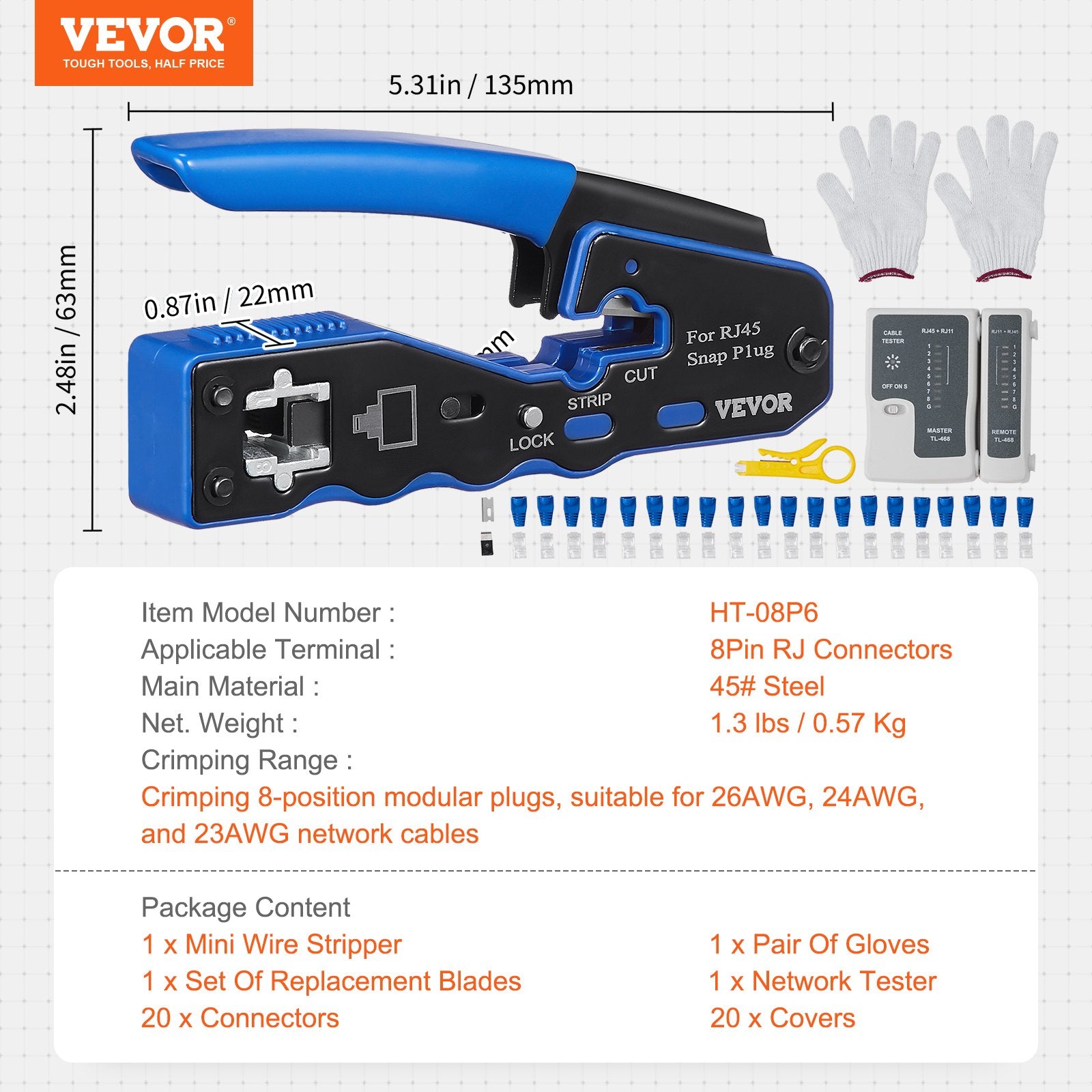 Power & Electrical Supplies: VEVOR RJ45 Crimp Tool Kit, Cat5e/Cat6/Cat6a Ethernet Crimper Crimp Pliers for 8-Pin Modular Plugs with 20pcs Pass-Through Connectors and Covers, Wire Stripper and Network Tester