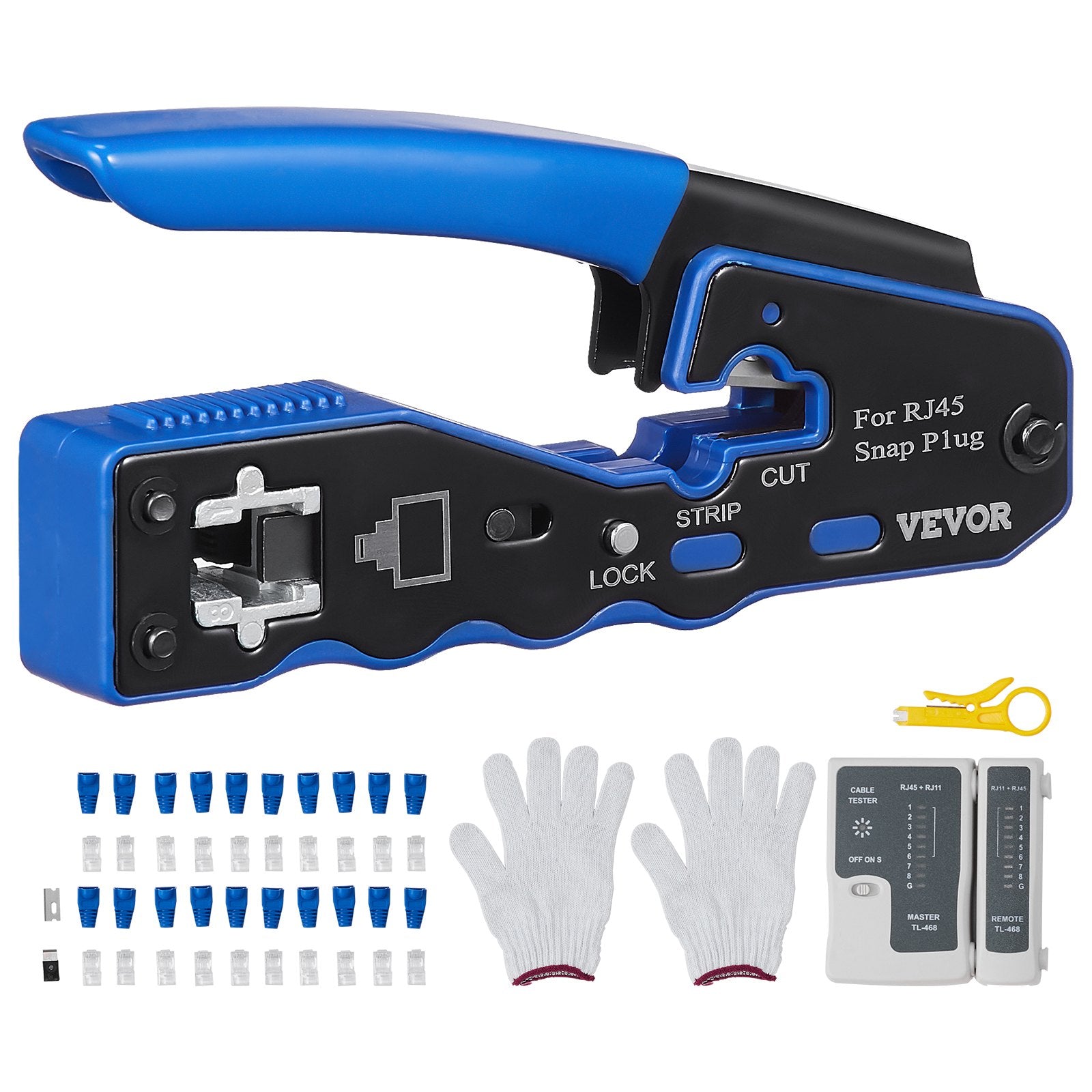 Power & Electrical Supplies: VEVOR RJ45 Crimp Tool Kit, Cat5e/Cat6/Cat6a Ethernet Crimper Crimp Pliers for 8-Pin Modular Plugs with 20pcs Pass-Through Connectors and Covers, Wire Stripper and Network Tester