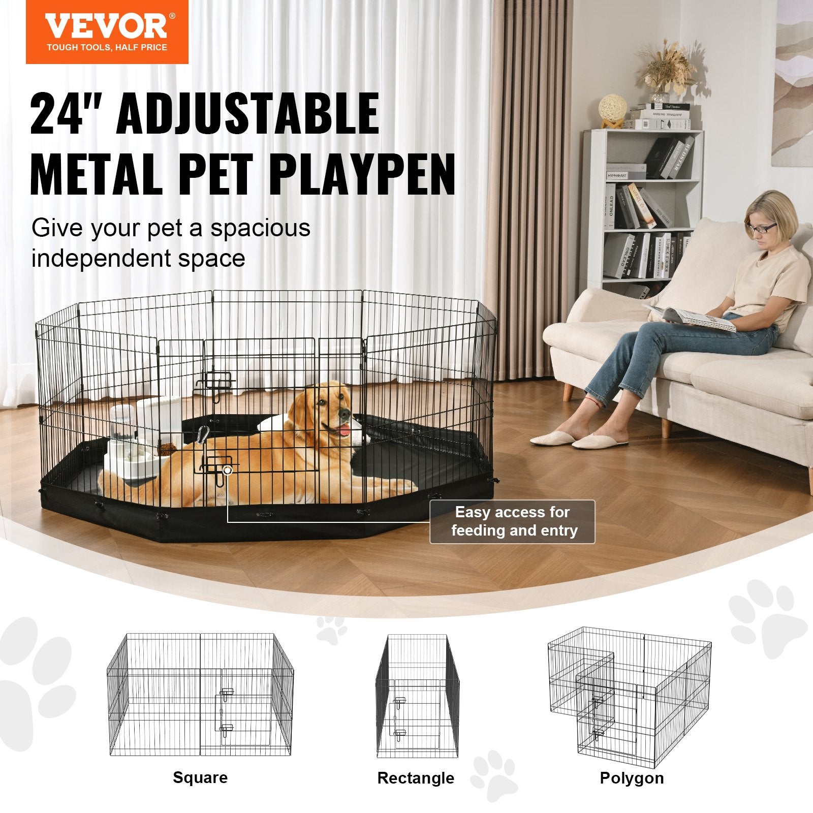 Dog Playpens & Gates: VEVOR Dog Playpen, 8 Panels Foldable Metal Dog Exercise Pen with Bottom Pad, 24" H Pet Fence Puppy Crate Kennel with Ground Stakes, Indoor Outdoor Dog Pen for Small Medium Pets, for Camping, Yard