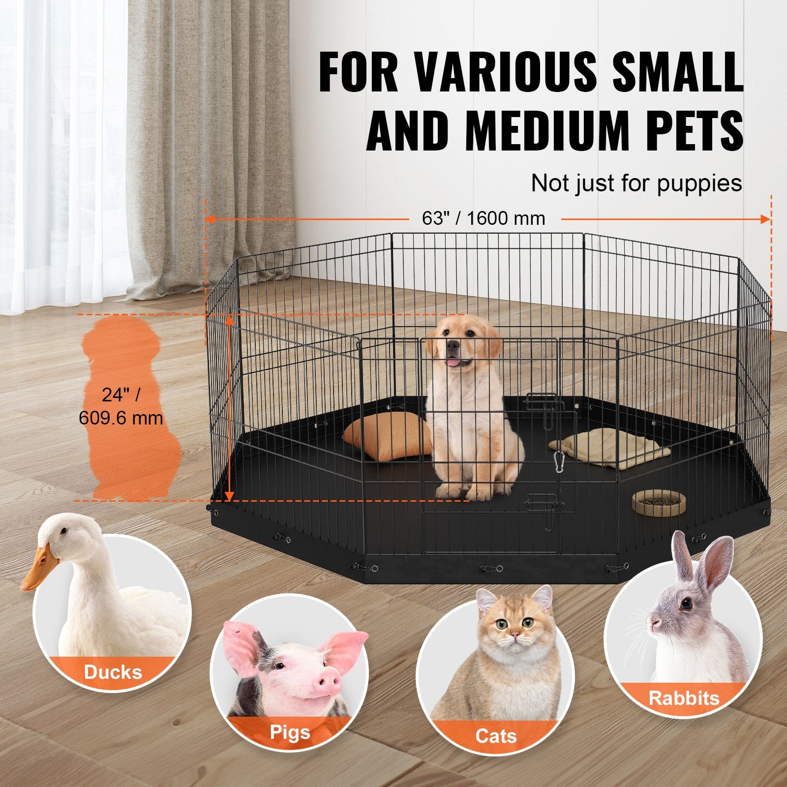 Dog Playpens & Gates: VEVOR Dog Playpen, 8 Panels Foldable Metal Dog Exercise Pen with Bottom Pad, 24" H Pet Fence Puppy Crate Kennel with Ground Stakes, Indoor Outdoor Dog Pen for Small Medium Pets, for Camping, Yard