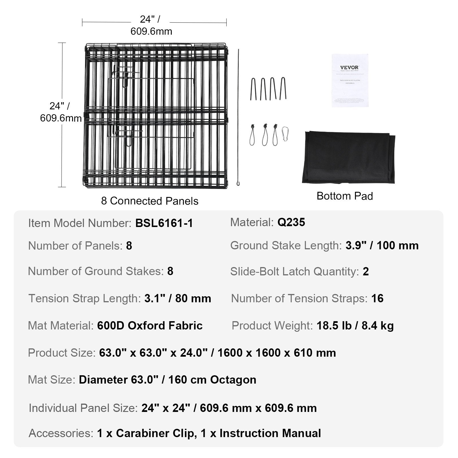 Dog Playpens & Gates: VEVOR Dog Playpen, 8 Panels Foldable Metal Dog Exercise Pen with Bottom Pad, 24" H Pet Fence Puppy Crate Kennel with Ground Stakes, Indoor Outdoor Dog Pen for Small Medium Pets, for Camping, Yard
