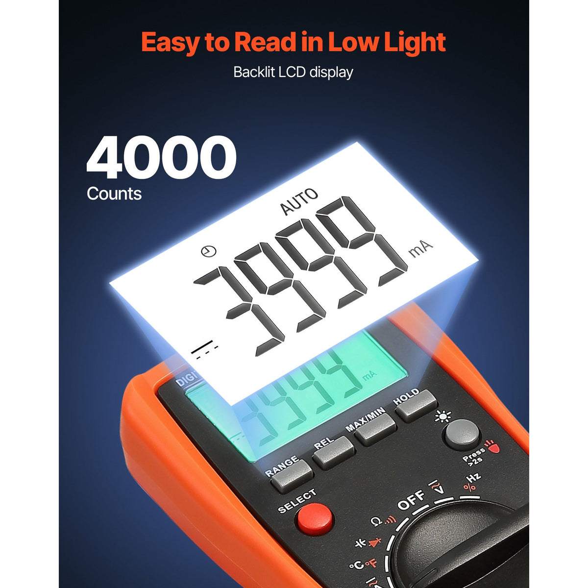 Digital Multimeter, 4000-Count TRMS DC/AC Voltmeter Current Tester, Auto-Ranging Multimeter for Current Voltage Resistance Capacitance Temperature Diodes Continuity Duty-Cycle Measurments