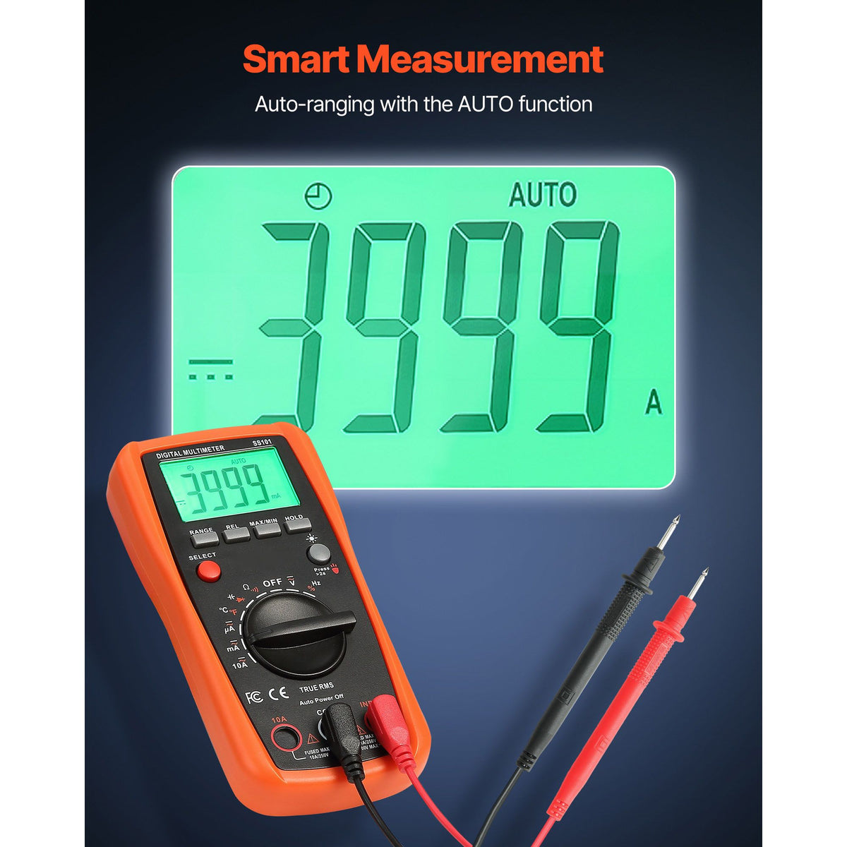 Digital Multimeter, 4000-Count TRMS DC/AC Voltmeter Current Tester, Auto-Ranging Multimeter for Current Voltage Resistance Capacitance Temperature Diodes Continuity Duty-Cycle Measurments