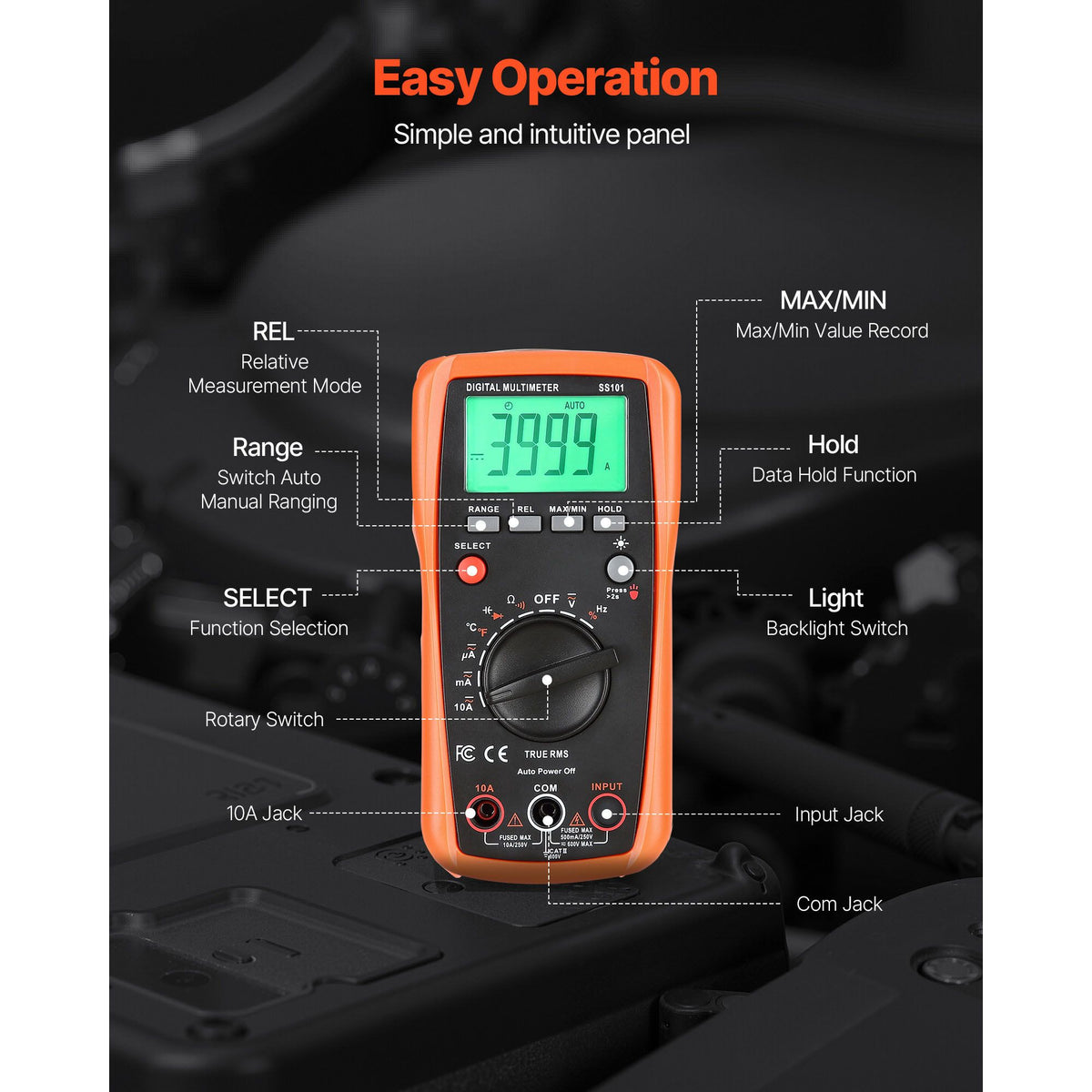 Digital Multimeter, 4000-Count TRMS DC/AC Voltmeter Current Tester, Auto-Ranging Multimeter for Current Voltage Resistance Capacitance Temperature Diodes Continuity Duty-Cycle Measurments