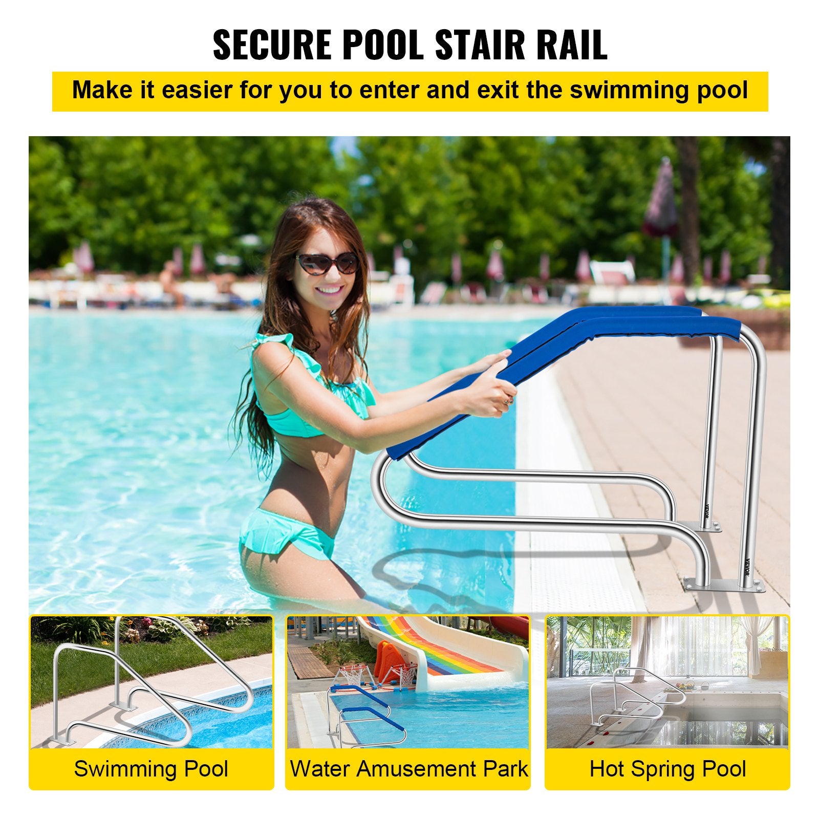 Pool Toys & Inflatables: VEVOR Swimming Pool Handrail Ladder Handrail Stainless Steel Rail w/ Base Plate