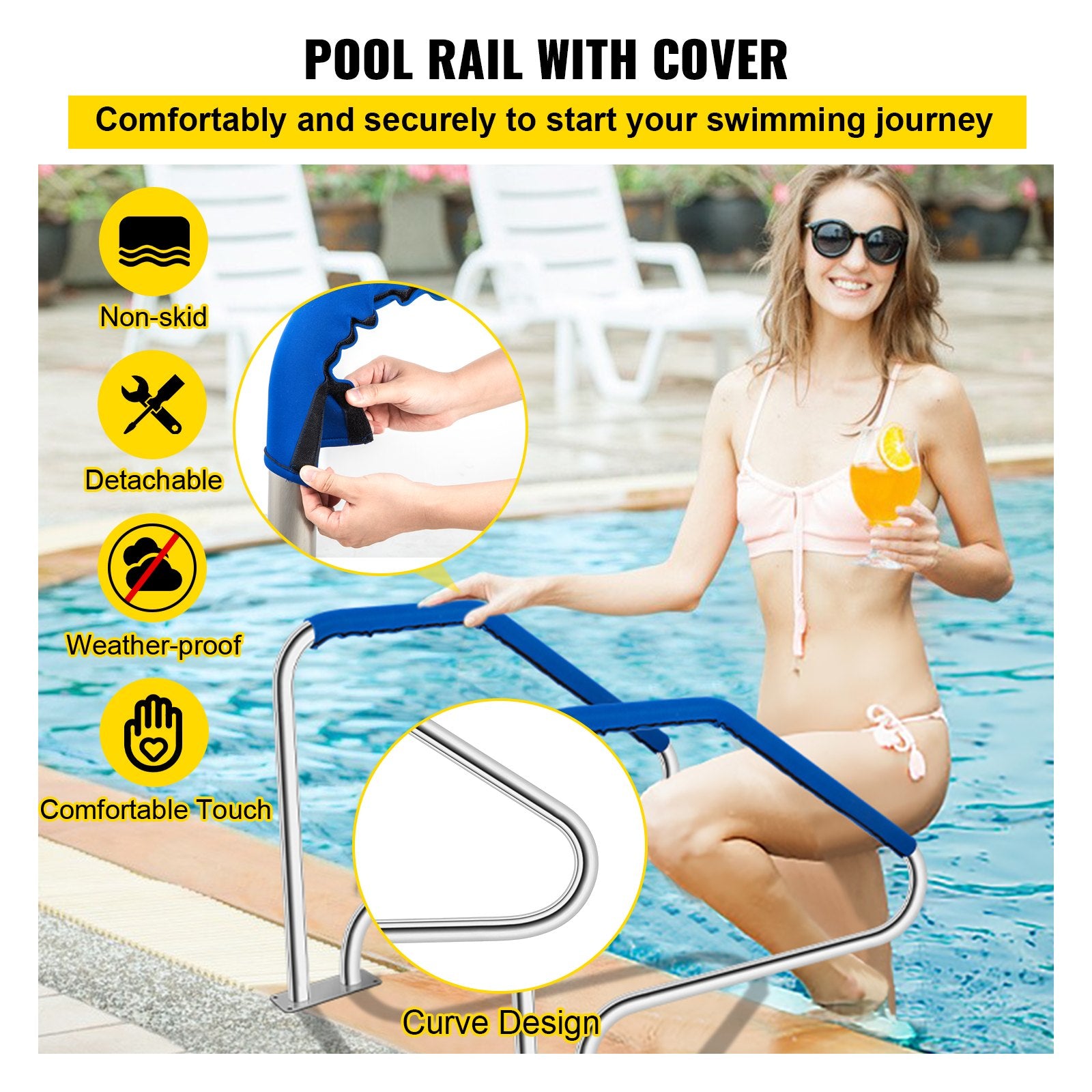 Pool Toys & Inflatables: VEVOR Swimming Pool Handrail Ladder Handrail Stainless Steel Rail w/ Base Plate