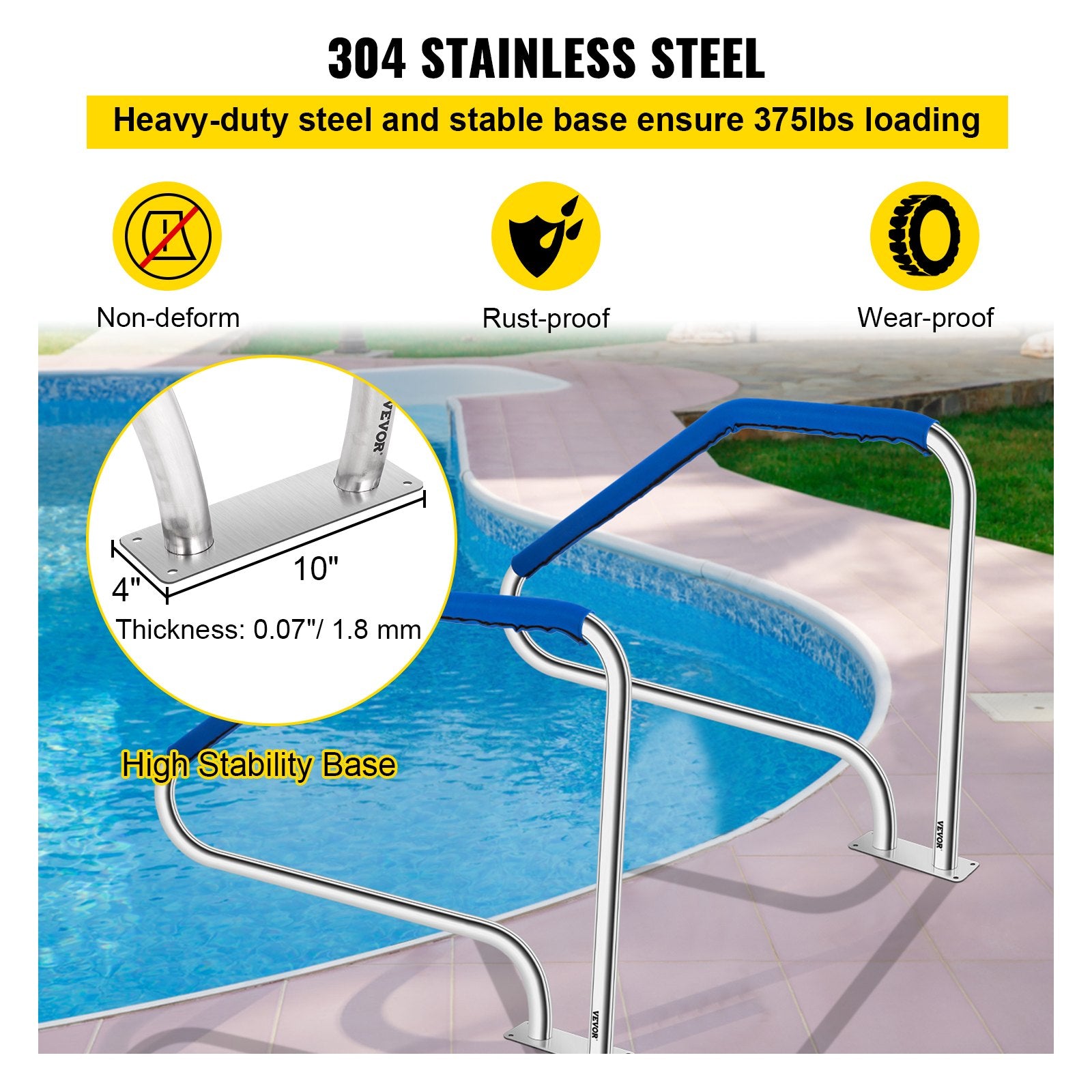 Pool Toys & Inflatables: VEVOR Swimming Pool Handrail Ladder Handrail Stainless Steel Rail w/ Base Plate