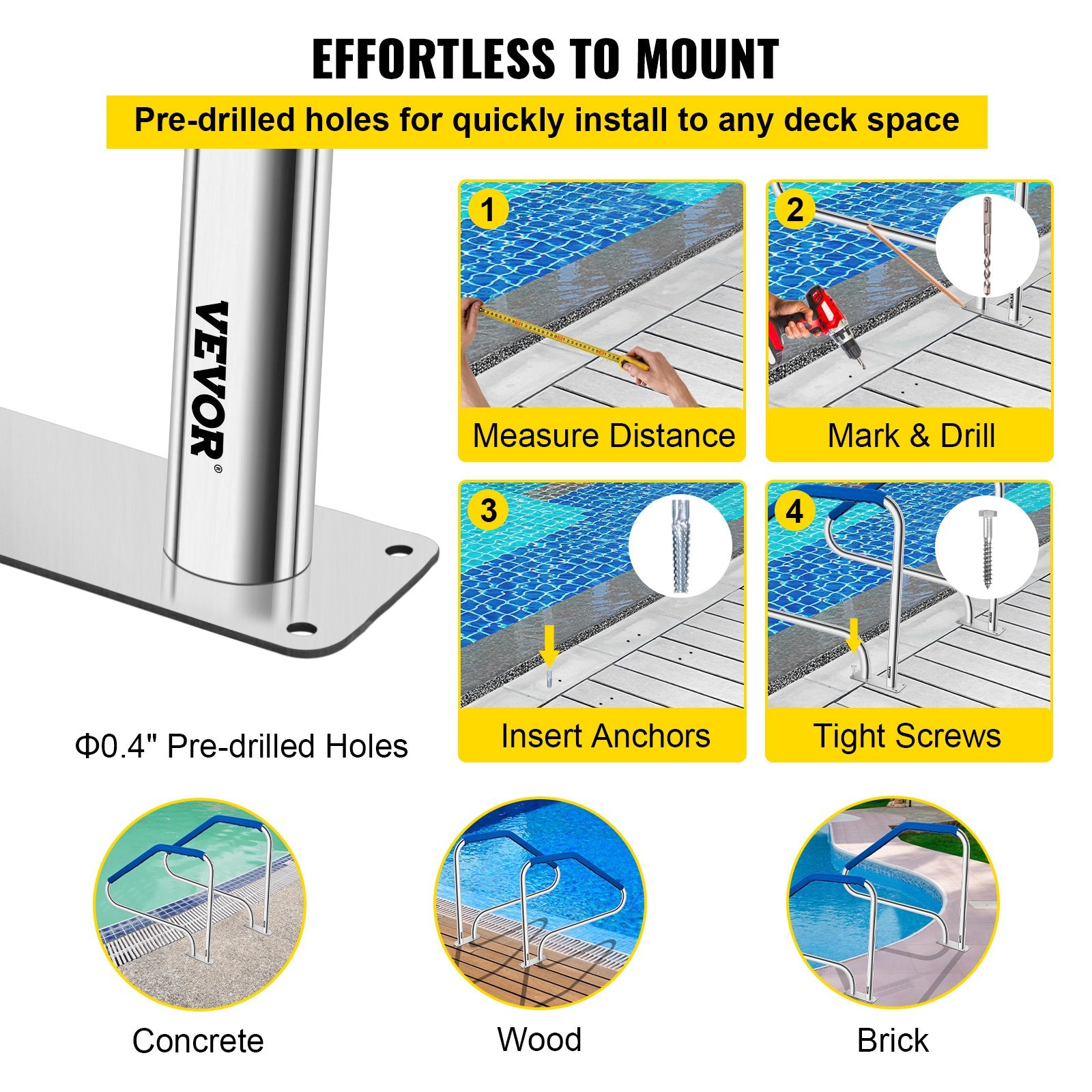 Pool Toys & Inflatables: VEVOR Swimming Pool Handrail Ladder Handrail Stainless Steel Rail w/ Base Plate