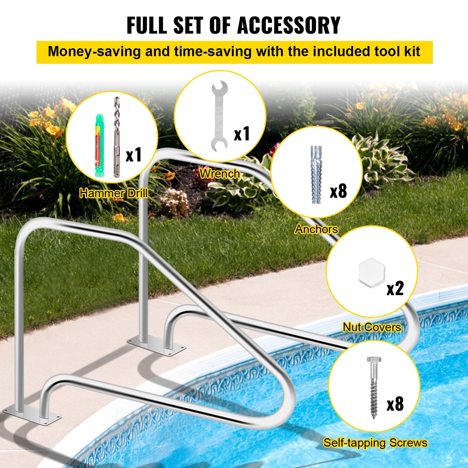 Pool Toys & Inflatables: VEVOR Swimming Pool Handrail Ladder Handrail Stainless Steel Rail w/ Base Plate