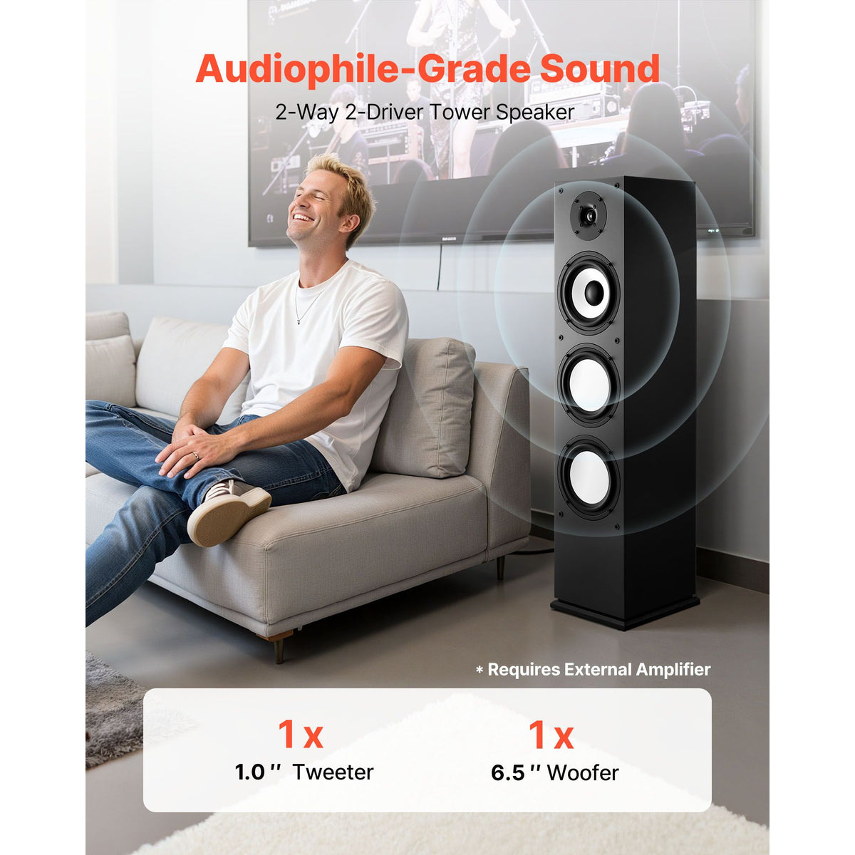 Floorstanding Speaker, 2-Way, Floor-Standing Tower Speaker with 25.4 mm Tweeter, 165.1 mm Woofer, 200W Peak Power, 70Hz–20kHz Frequency Response, Durable MDF Enclosure, for Home Audio, Single