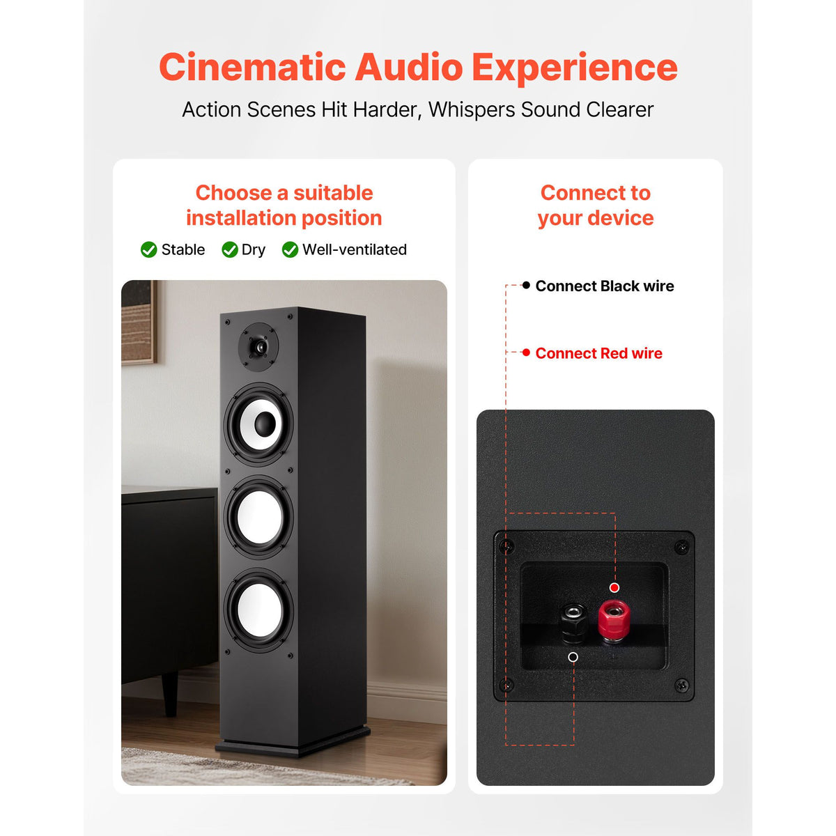 Floorstanding Speaker, 2-Way, Floor-Standing Tower Speaker with 25.4 mm Tweeter, 165.1 mm Woofer, 200W Peak Power, 70Hz–20kHz Frequency Response, Durable MDF Enclosure, for Home Audio, Single