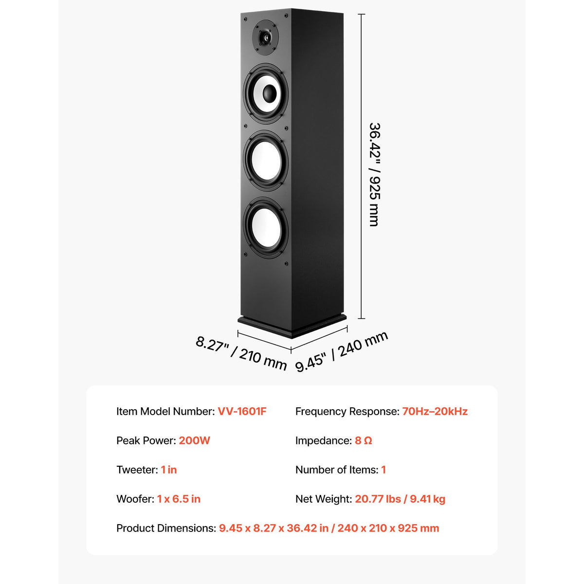 Floorstanding Speaker, 2-Way, Floor-Standing Tower Speaker with 25.4 mm Tweeter, 165.1 mm Woofer, 200W Peak Power, 70Hz–20kHz Frequency Response, Durable MDF Enclosure, for Home Audio, Single