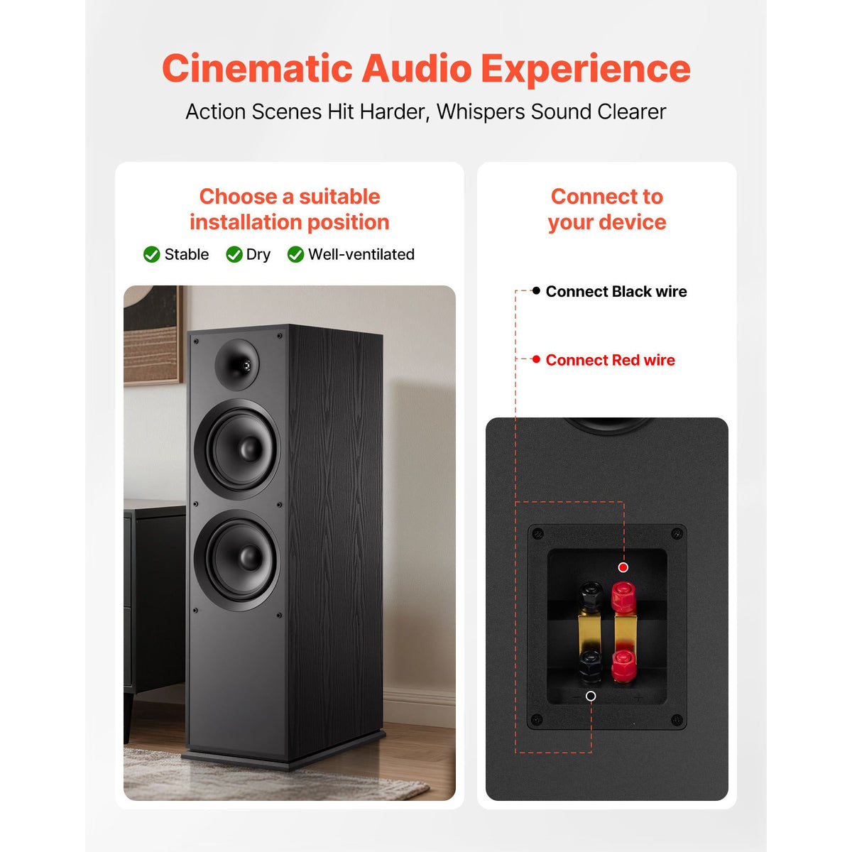 Floorstanding Speaker, 2-Way, Floor-Standing Tower Speaker with 25.4 mm Tweeter, Dual 203.2 mm Woofers, 600W Peak, 50Hz–20kHz Frequency Response, Durable MDF Enclosure, for Home Audio, Single