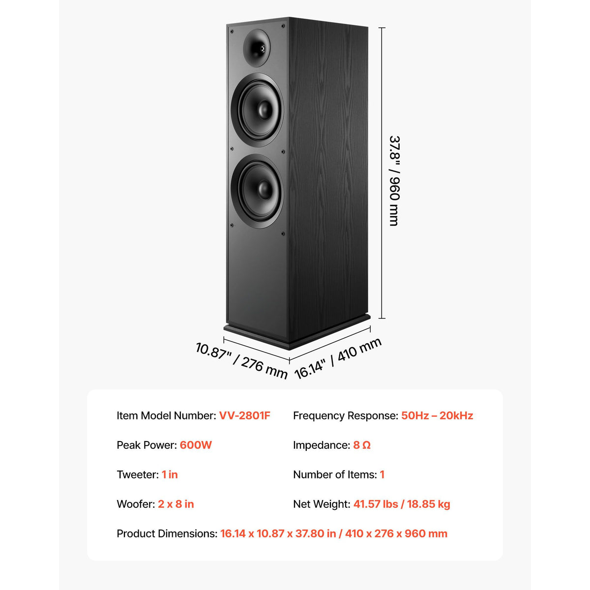 Floorstanding Speaker, 2-Way, Floor-Standing Tower Speaker with 25.4 mm Tweeter, Dual 203.2 mm Woofers, 600W Peak, 50Hz–20kHz Frequency Response, Durable MDF Enclosure, for Home Audio, Single