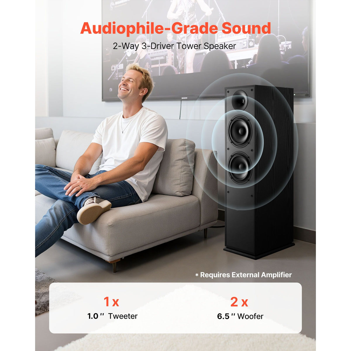 Floorstanding Speakers, 2-Way, Floor-Standing Tower Speakers with 25.4 mm Tweeter, Dual 165.1 mm Woofers, 400W Peak, 65Hz–20kHz Frequency Response, Durable MDF Enclosure, for Home Audio, Pair