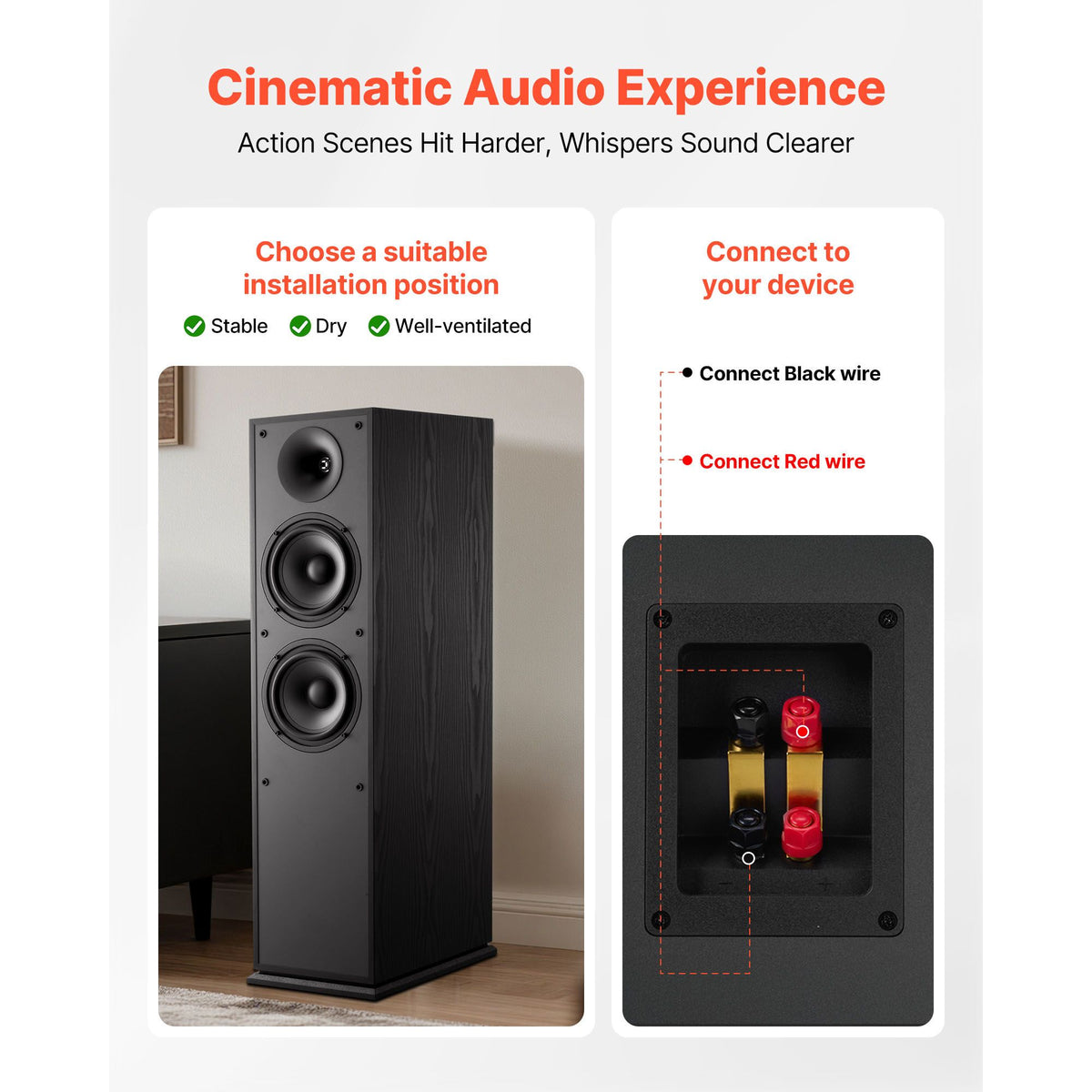 Floorstanding Speakers, 2-Way, Floor-Standing Tower Speakers with 25.4 mm Tweeter, Dual 165.1 mm Woofers, 400W Peak, 65Hz–20kHz Frequency Response, Durable MDF Enclosure, for Home Audio, Pair
