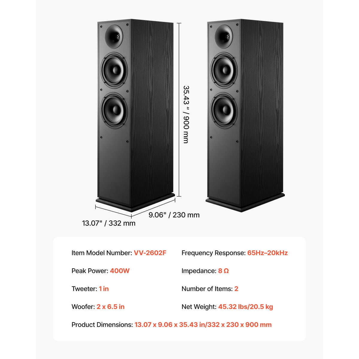 Floorstanding Speakers, 2-Way, Floor-Standing Tower Speakers with 25.4 mm Tweeter, Dual 165.1 mm Woofers, 400W Peak, 65Hz–20kHz Frequency Response, Durable MDF Enclosure, for Home Audio, Pair