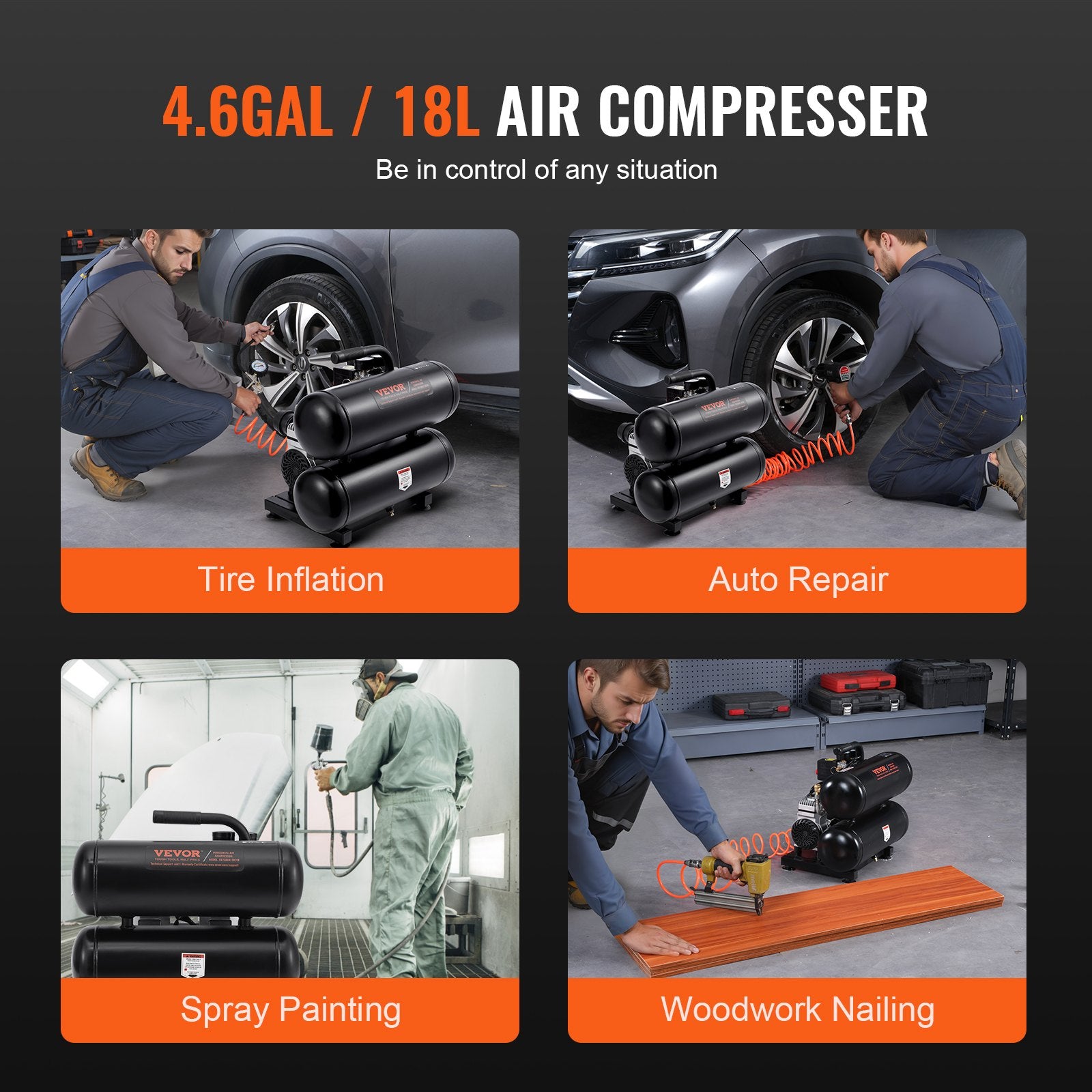 Air Compressors: VEVOR Air Compressor Compact Portable Oil Free Compressor 18L 90 PSI