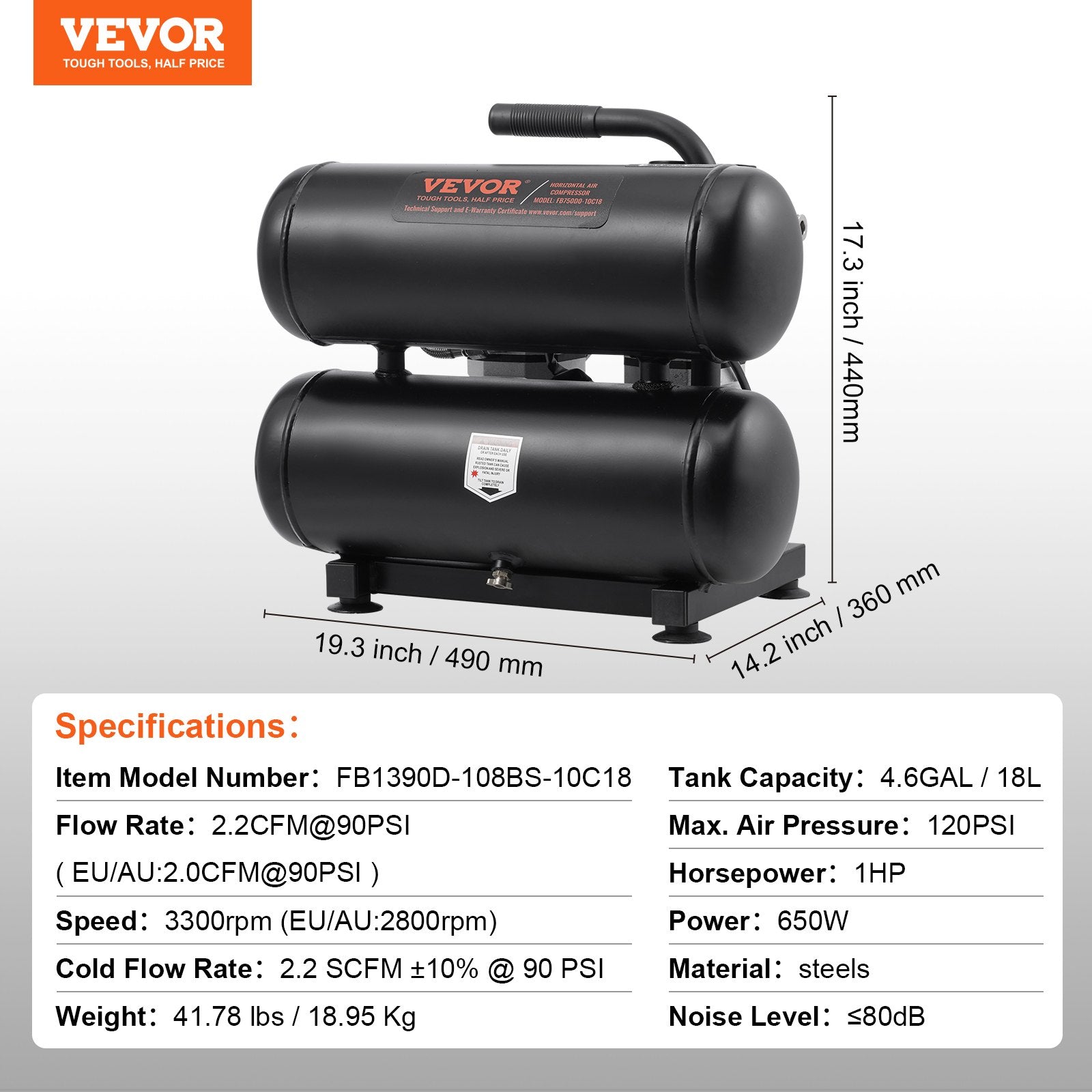 Air Compressors: VEVOR Air Compressor Compact Portable Oil Free Compressor 18L 90 PSI