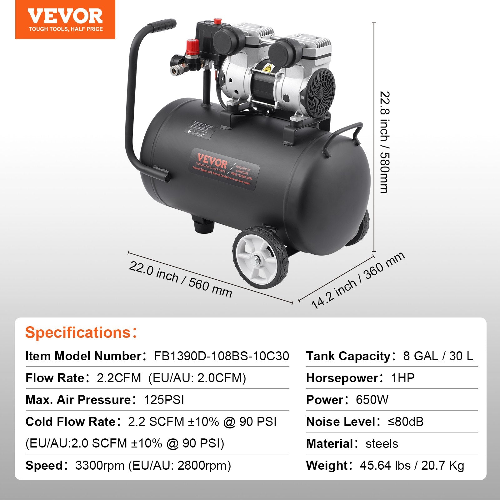 Air Compressors: VEVOR Air Compressor Compact Portable Oil Free Compressor 30L 90 PSI