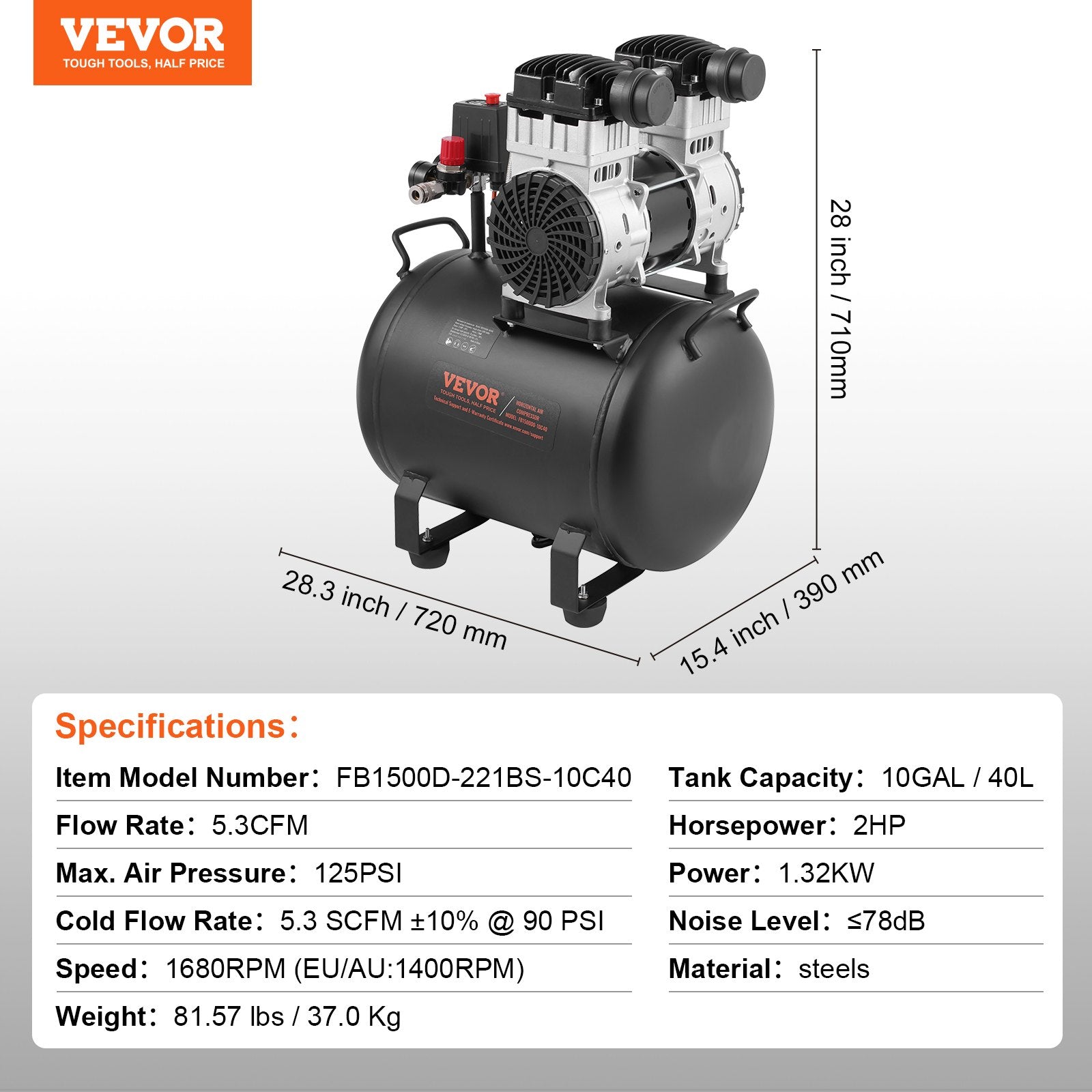 Air Compressor Compact Portable Oil Free Compressor 40L 90 PSI