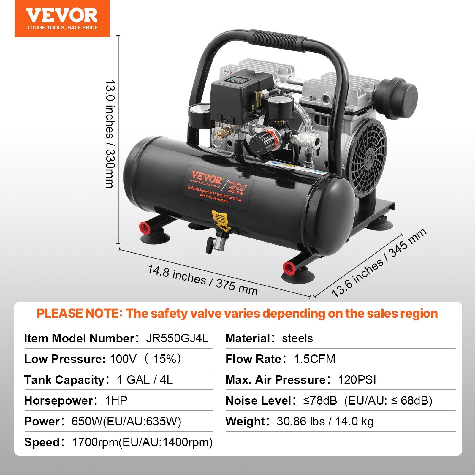 Air Compressors: VEVOR Air Compressor Compact Portable Oil Free Compressor 4L 7bar