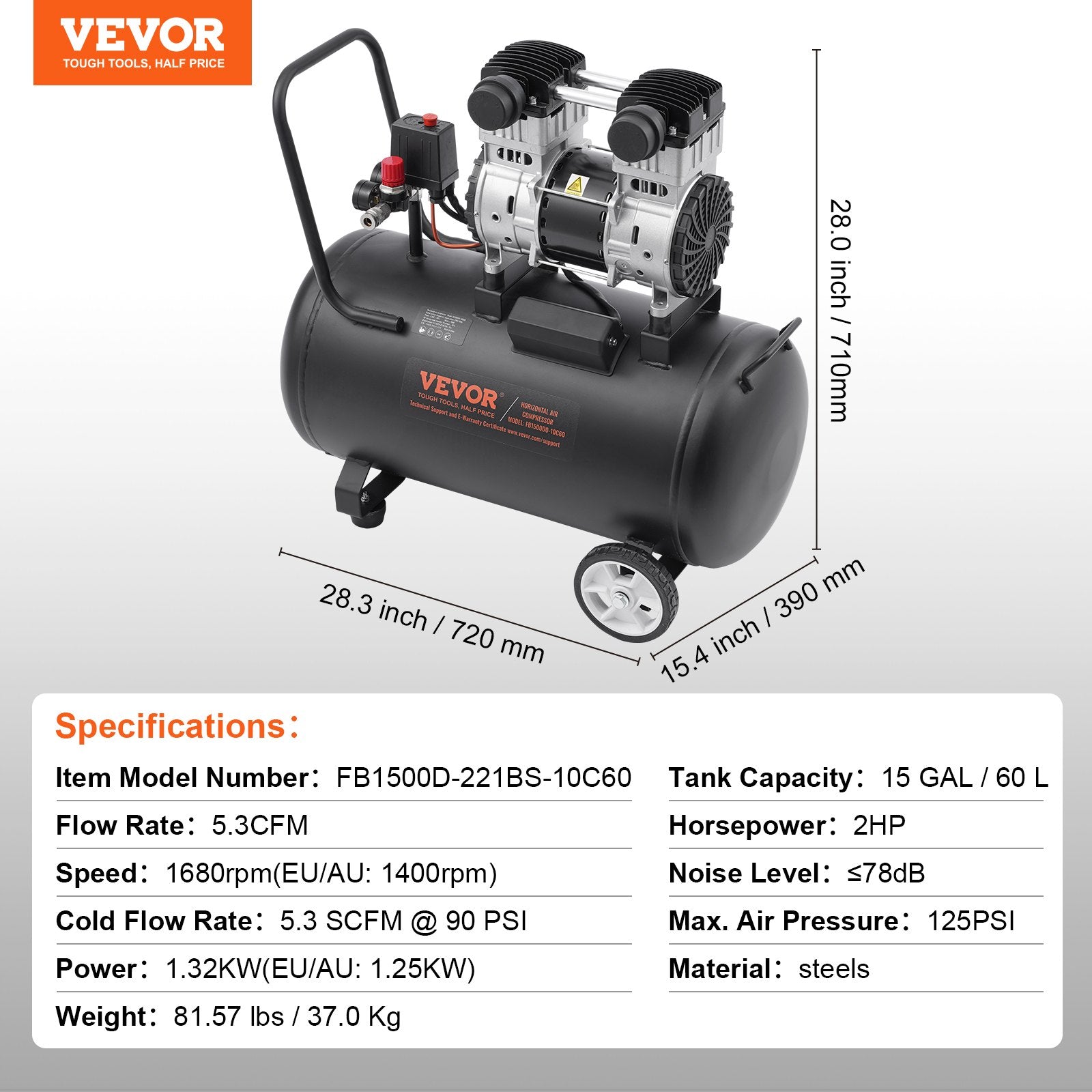 Air Compressors: VEVOR Air Compressor Compact Portable Oil Free Compressor 60L 90 PSI