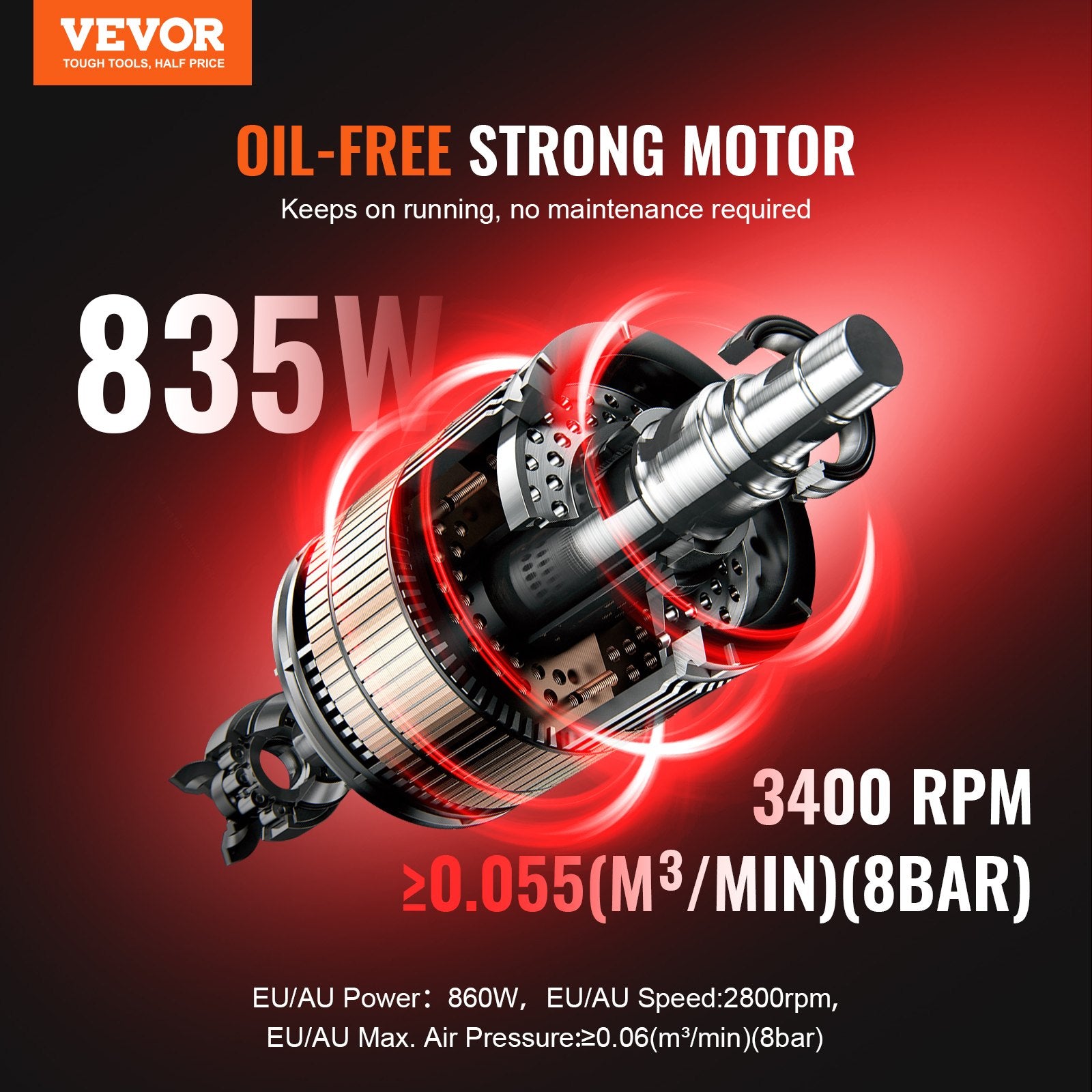 Air Compressors: VEVOR Air Compressor Compact Portable Oil Free Compressor 8L 8bar