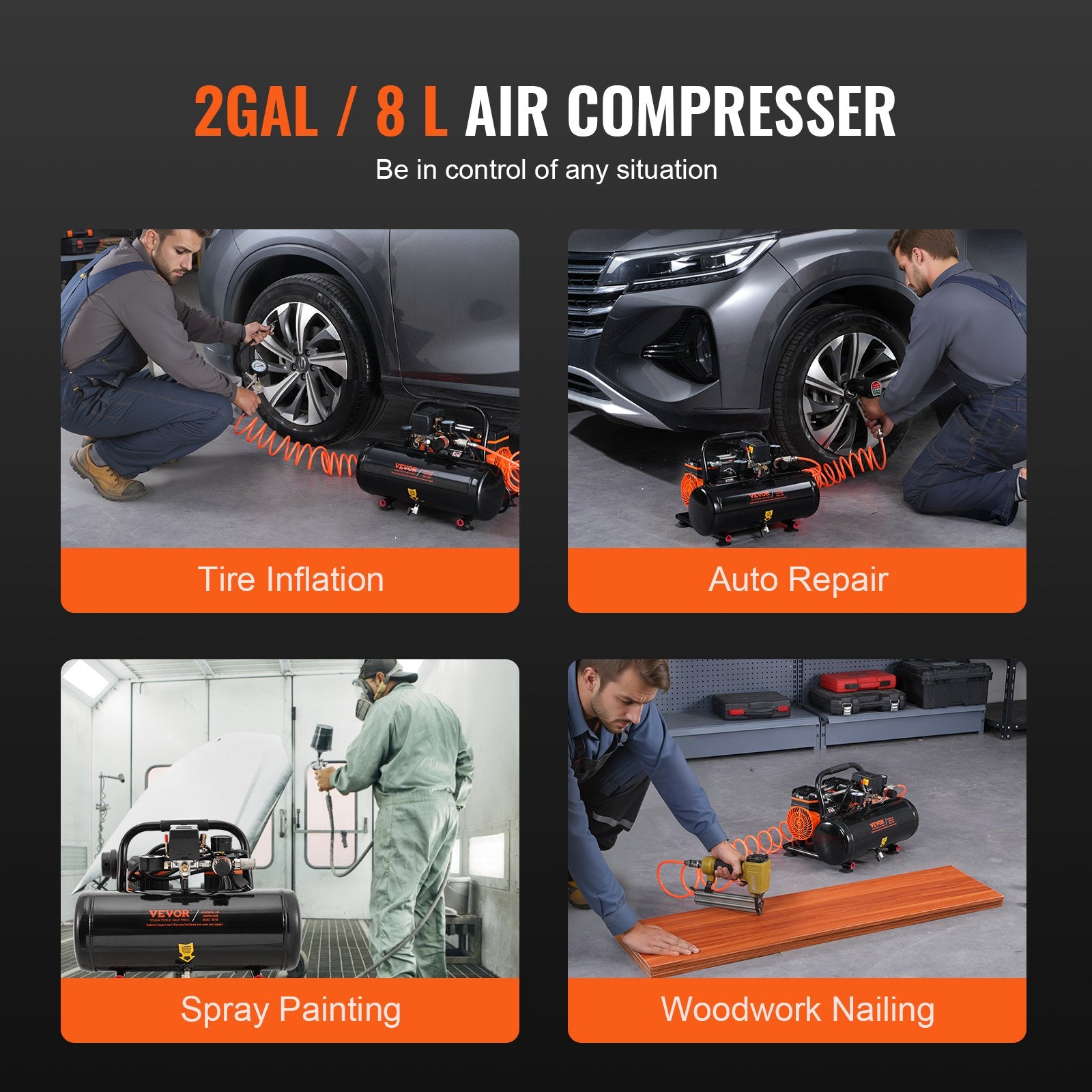Air Compressors: VEVOR Air Compressor Compact Portable Oil Free Compressor 8L 8bar