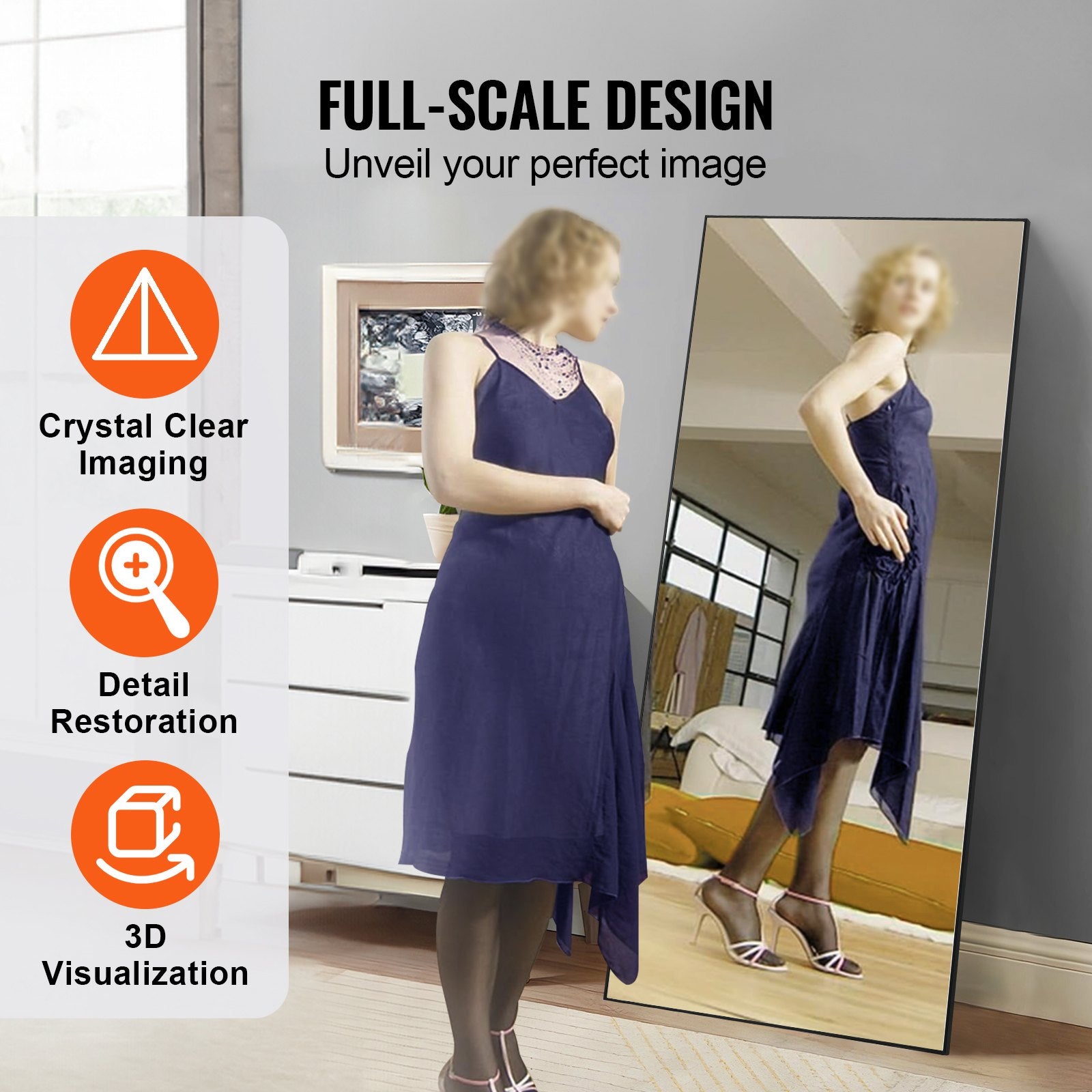 Mirrors: VEVOR Full Length Mirror, 1800x785 mm, Extra Large Standing Hanging or Leaning Rectangle Floor Mirror with Tempered Glass Aluminum Alloy Frame, Full Body Dressing Mirror for Living Room Bedroom, Black