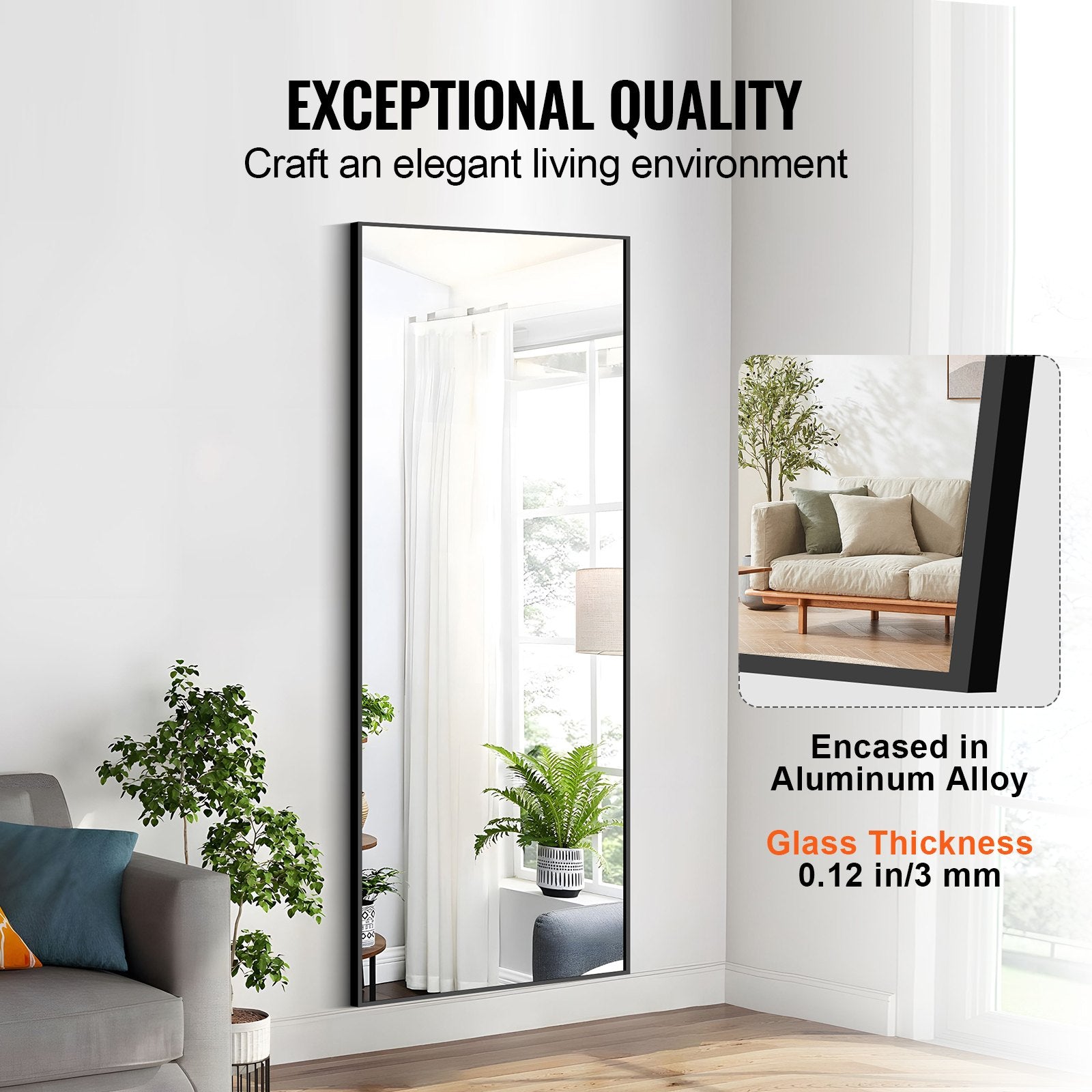 Mirrors: VEVOR Full Length Mirror, 1800x785 mm, Extra Large Standing Hanging or Leaning Rectangle Floor Mirror with Tempered Glass Aluminum Alloy Frame, Full Body Dressing Mirror for Living Room Bedroom, Black