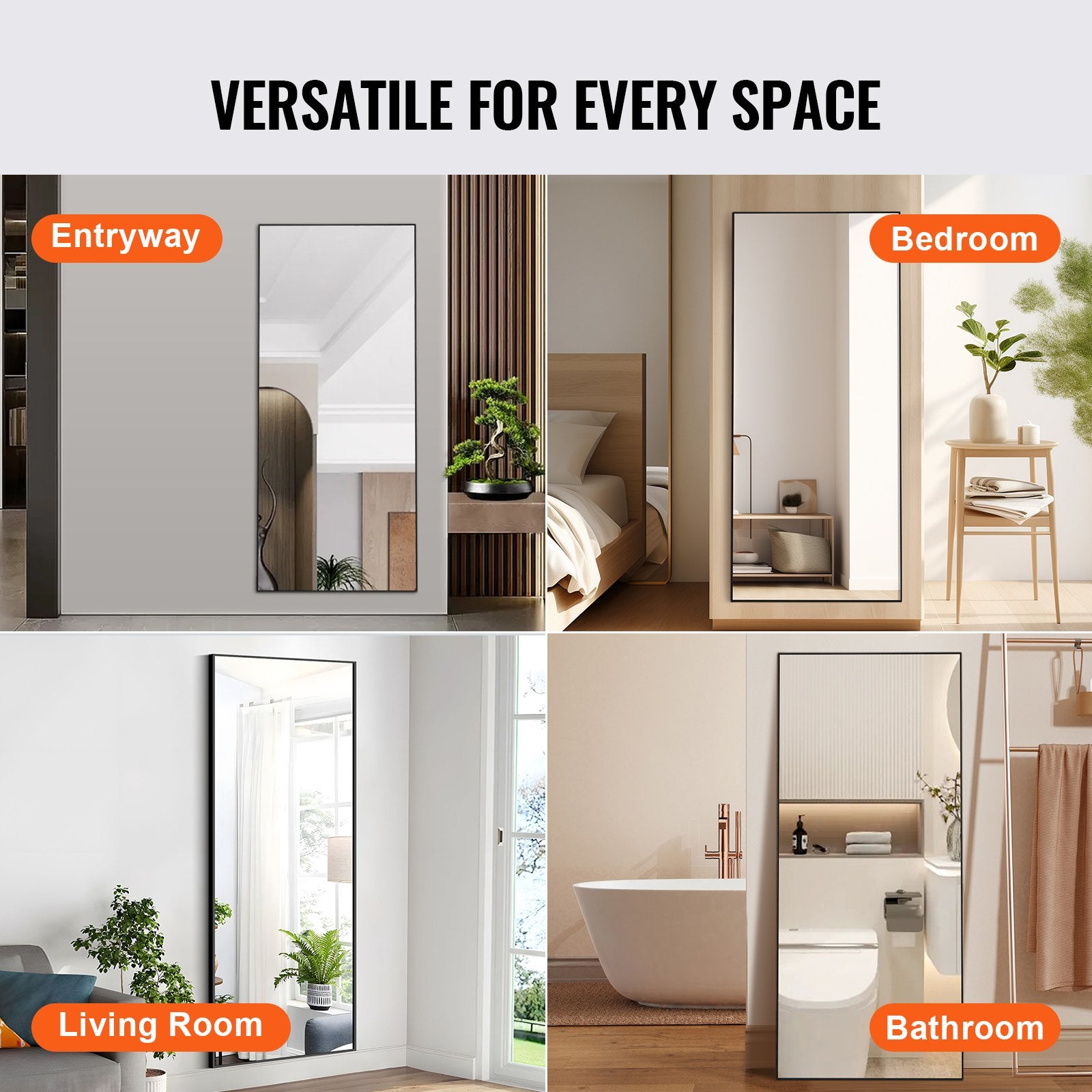Mirrors: VEVOR Full Length Mirror, 1800x785 mm, Extra Large Standing Hanging or Leaning Rectangle Floor Mirror with Tempered Glass Aluminum Alloy Frame, Full Body Dressing Mirror for Living Room Bedroom, Black