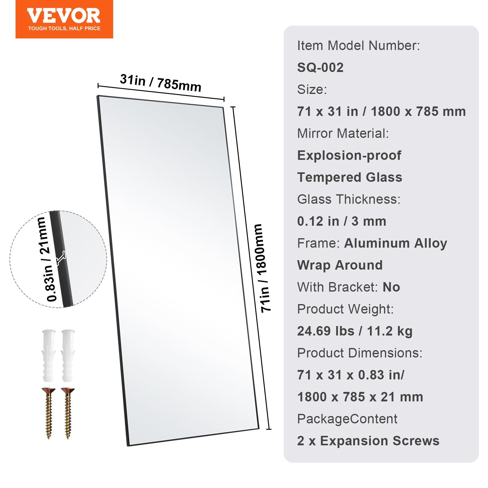 Mirrors: VEVOR Full Length Mirror, 1800x785 mm, Extra Large Standing Hanging or Leaning Rectangle Floor Mirror with Tempered Glass Aluminum Alloy Frame, Full Body Dressing Mirror for Living Room Bedroom, Black