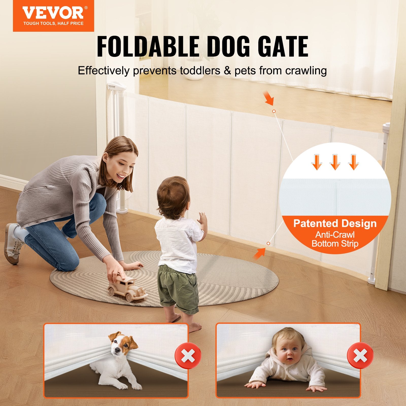Safety Gates & Safety Accessories: VEVOR Retractable Baby Gate, 34.2" Tall Mesh Baby Gate, Extends up to 76.8" Wide Retractable Gate for Kids or Pets, Retractable Dog Gates for Indoor Stairs, Doorways, Hallways, Playrooms, White
