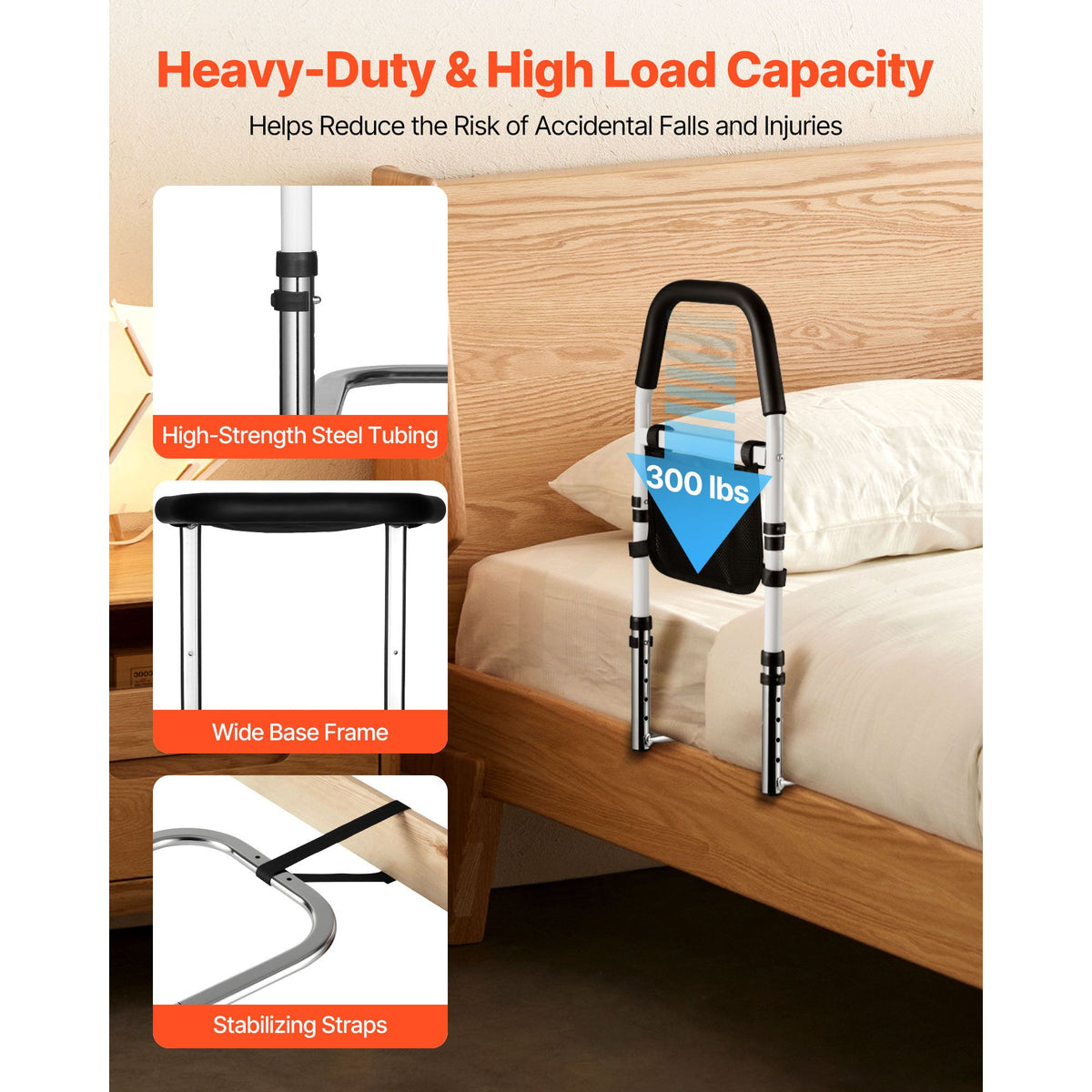 Bed Rail for Elderly, Bedside Assist Rails with PU Handrail, Adjustable Height Pipe Bedside Cane, High-Strength Carbon Steel Bed Bars for Seniors & Patients, Fits King, Queen, Full, Twin