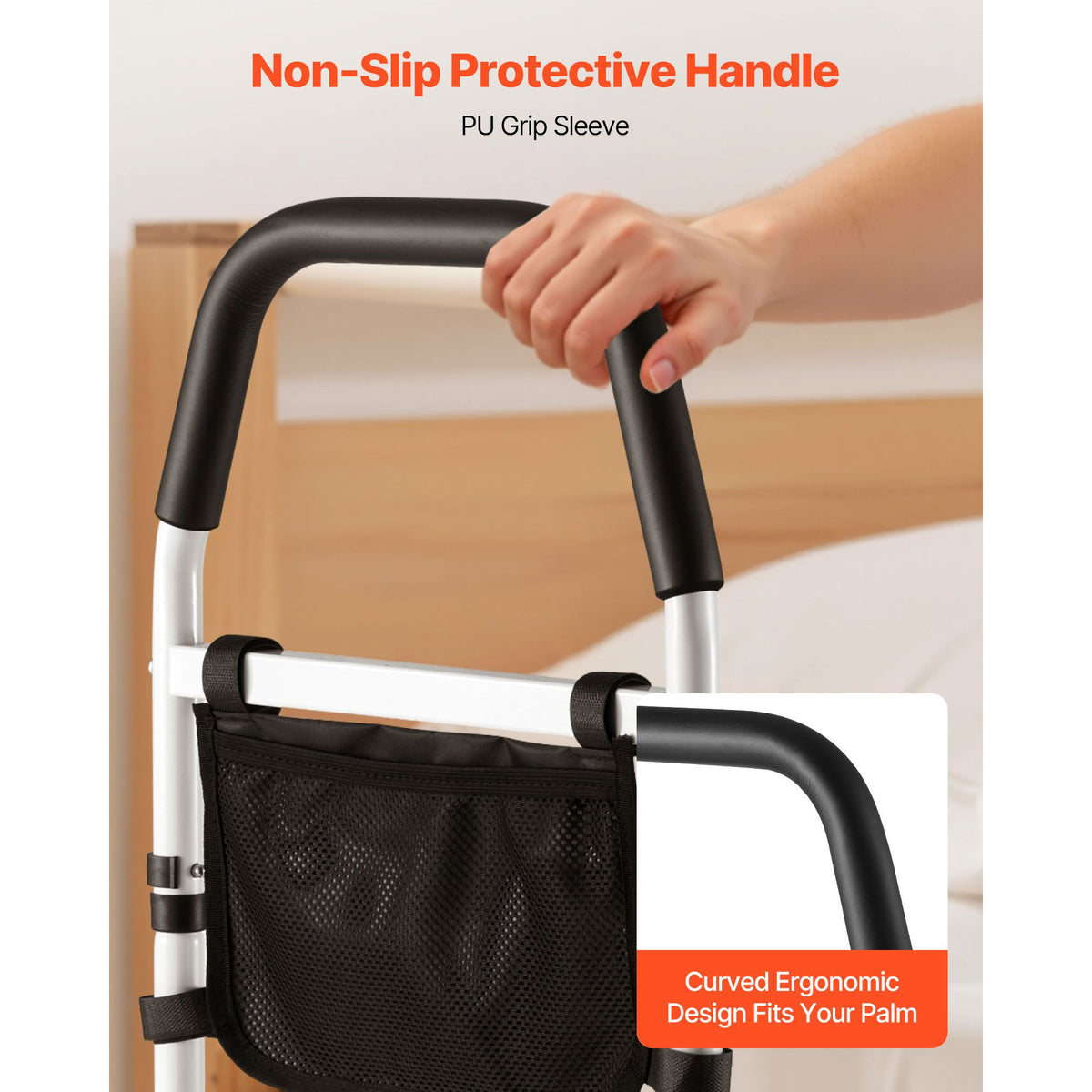 Bed Rail for Elderly, Bedside Assist Rails with PU Handrail, Adjustable Height Pipe Bedside Cane, High-Strength Carbon Steel Bed Bars for Seniors & Patients, Fits King, Queen, Full, Twin