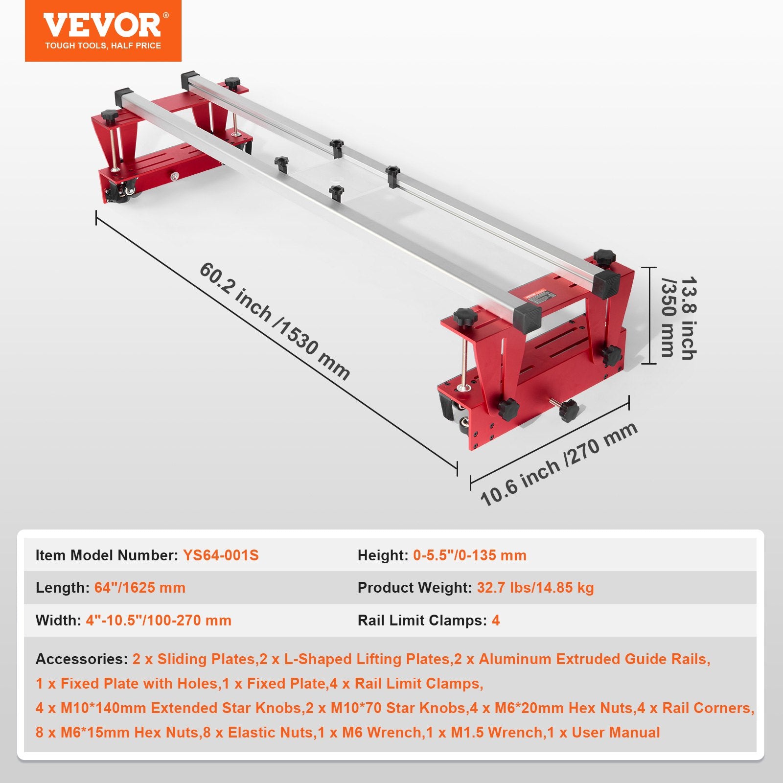 Router Sled, 1625 mm, Portable and Easy to Adjust Slab Flattening Jig, DIY Woodworking Router Sled for Flattening Slabs, Slab Guide Jig Trimming Planing Machine for Wood Flattening, Home DIY