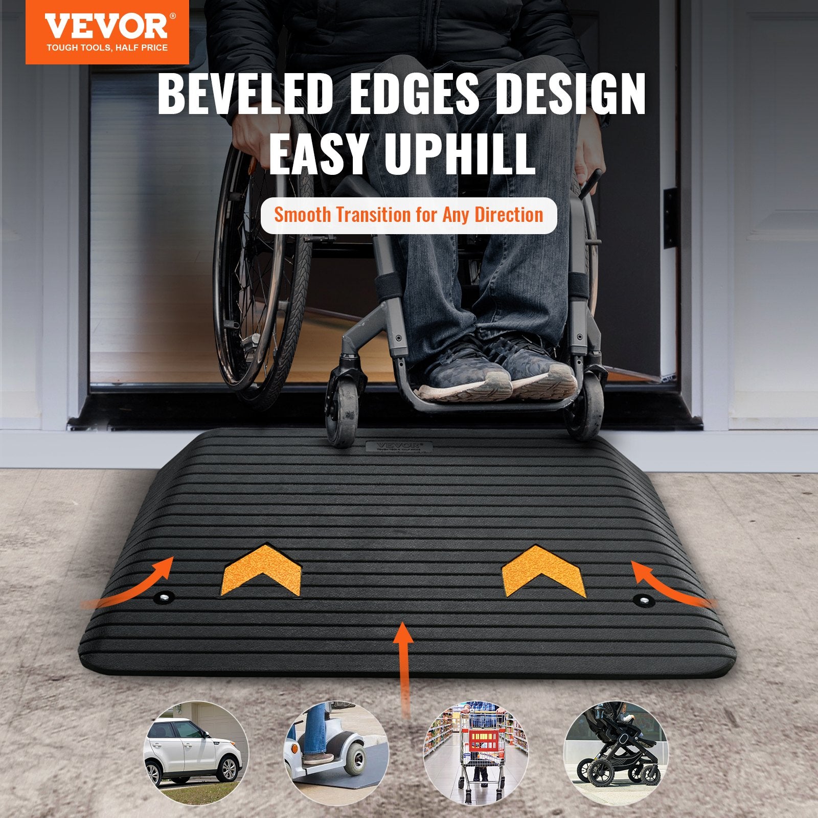 Upgraded Rubber Threshold Ramp, 10.2 cm Rise Door Ramp with 1 Channel, Natural Rubber Car Ramp with Non-Slip Textured Surface, 15 tons Load Capacity Curb Ramp for Wheelchair and Scooter