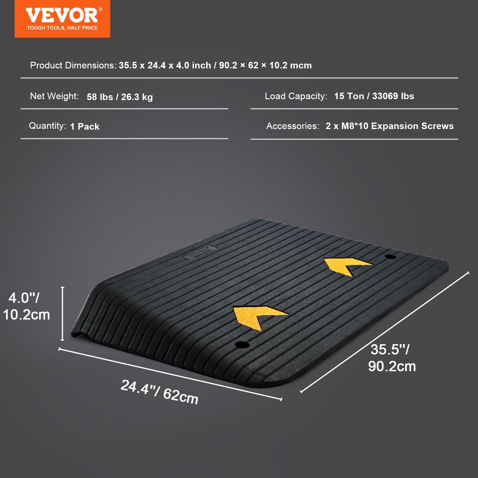 Upgraded Rubber Threshold Ramp, 10.2 cm Rise Door Ramp with 1 Channel, Natural Rubber Car Ramp with Non-Slip Textured Surface, 15 tons Load Capacity Curb Ramp for Wheelchair and Scooter
