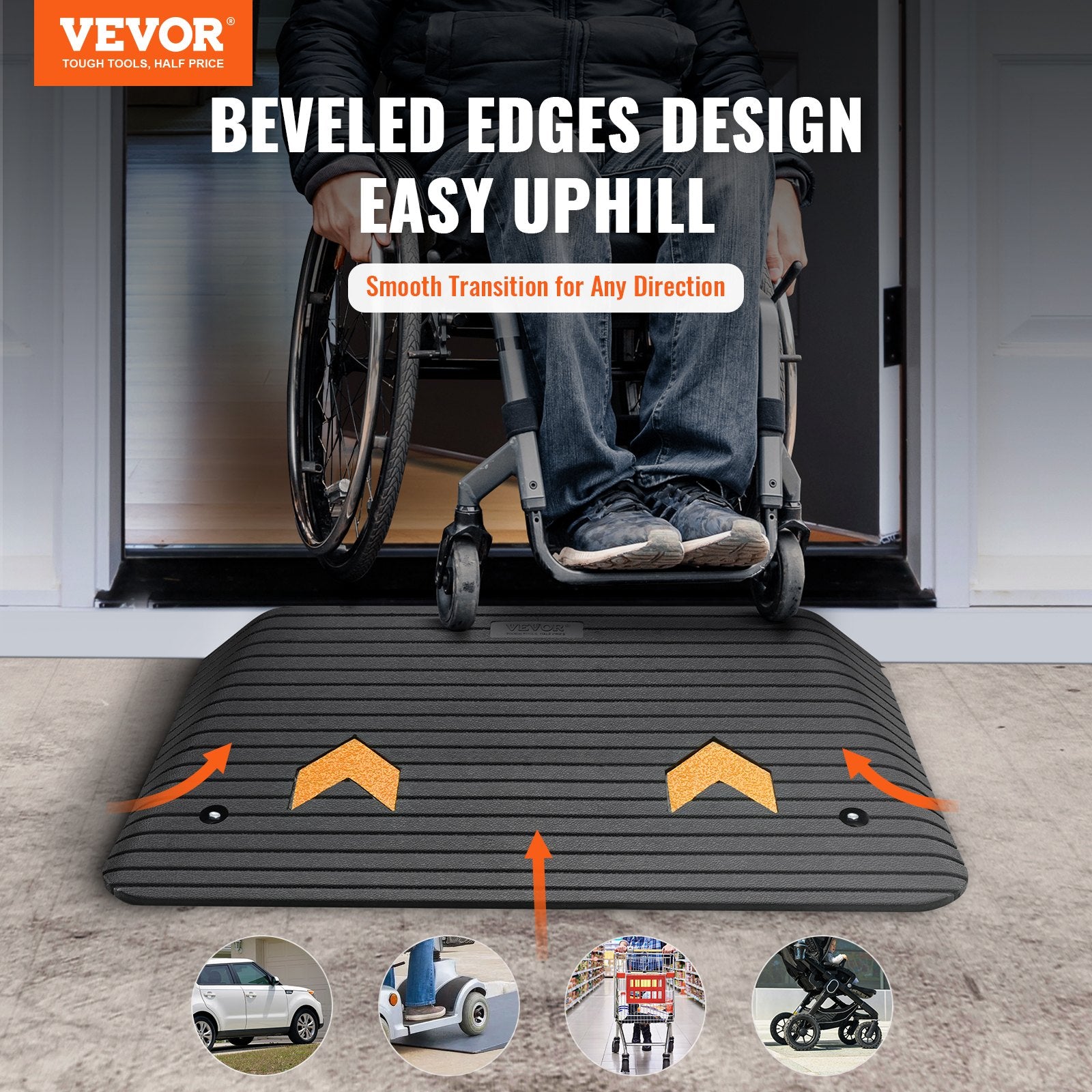 Upgraded Rubber Threshold Ramp, 8.9 cm Rise Door Ramp with 1 Channel, Natural Rubber Car Ramp with Non-Slip Textured Surface, 15 tons Load Capacity Curb Ramp for Wheelchair and Scooter