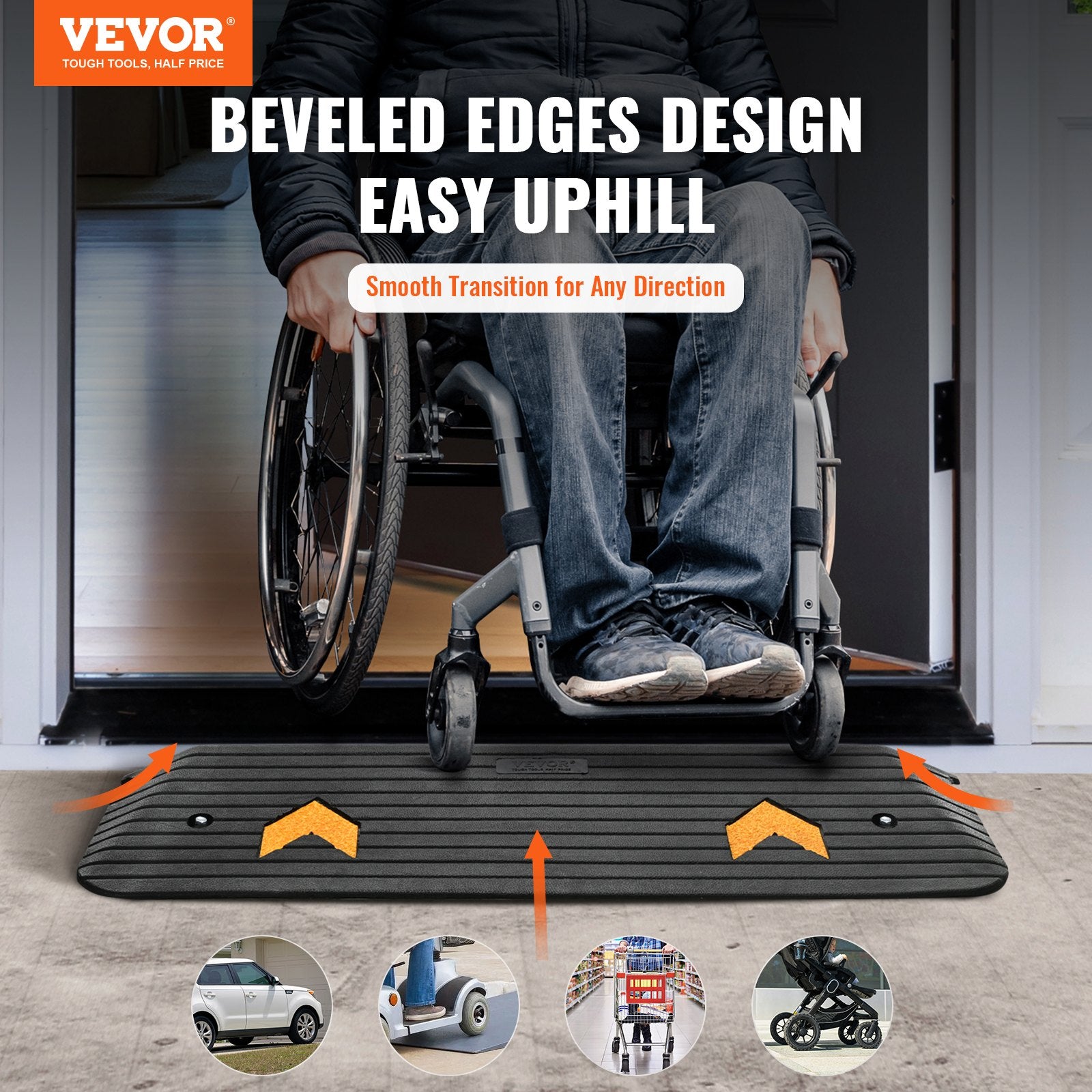 Automotive Decor: VEVOR Upgraded Rubber Threshold Ramp, 2.5 cm Rise Wheelchair Ramp Doorway, Natural Curb Ramp Rated 15 tons Load Capacity, Non-Slip Textured Surface Rubber Curb Ramp for Wheelchair and Scooter