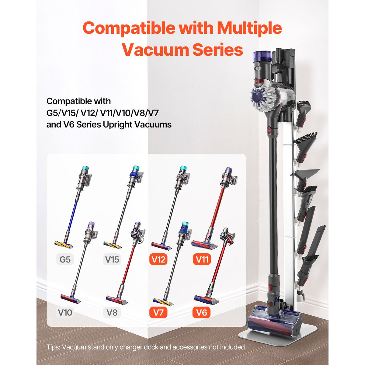 Vacuum Stand, Compatible with Dyson G5 V15 V12 V11 V10 V8 V7 V6 Series Upright Vacuums Cleaners & Accessories, Stable Vacuum Stand Holder with 6 Hooks and Non-slip Footpads, Gray